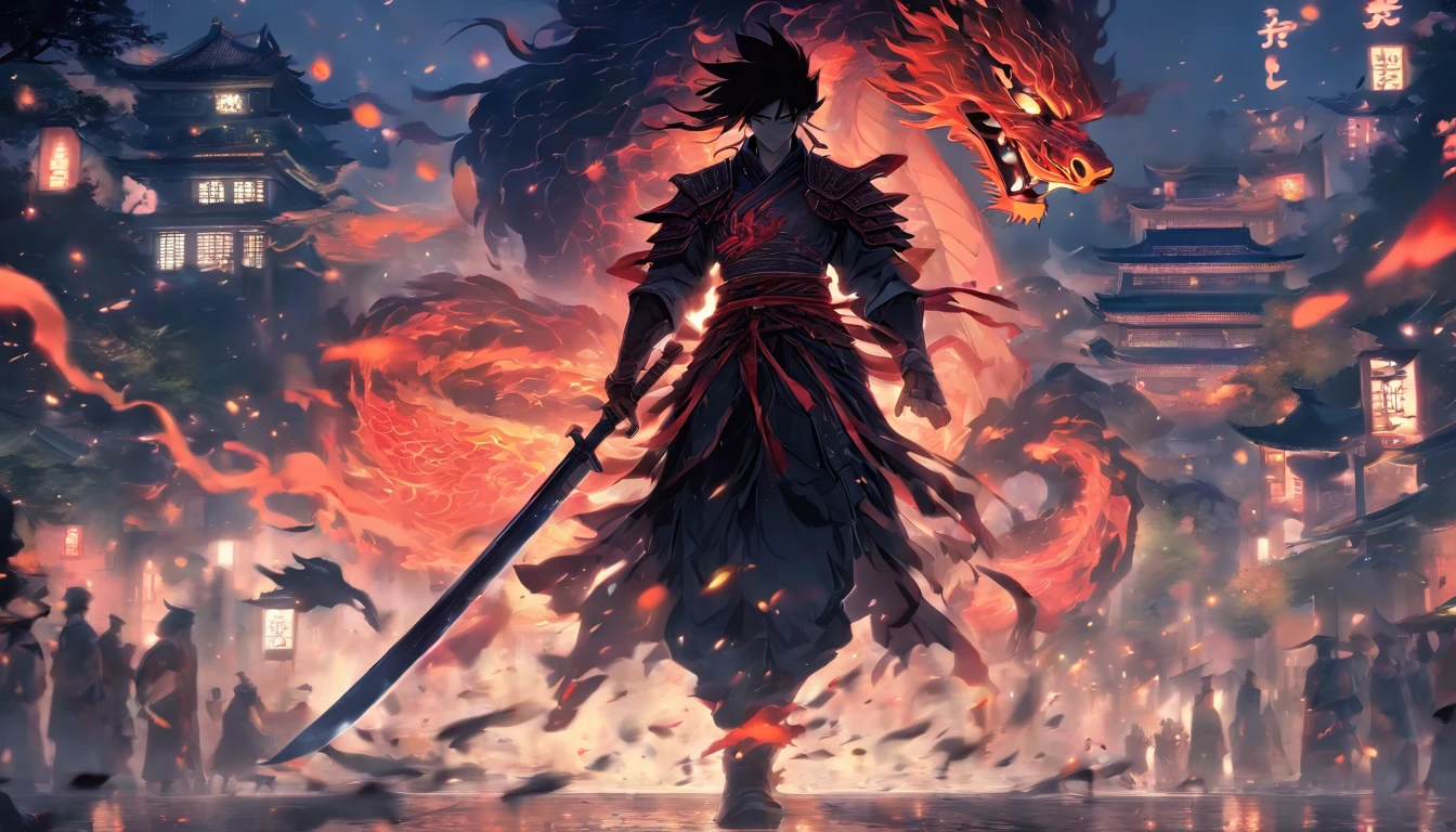 中景 the scene is,Chinese ink style,Smudge, 1 handsome boy, Black Hair, Red glowing eyes, Crazy smile, Wielding a sword,Dark,Flowing and chic,Ancient armor,Combat boots,(Full body like:1.5),Chang'an Avenue,ventania,8K,((super-fine)),Hyper-realistic,(((OC renderer)))