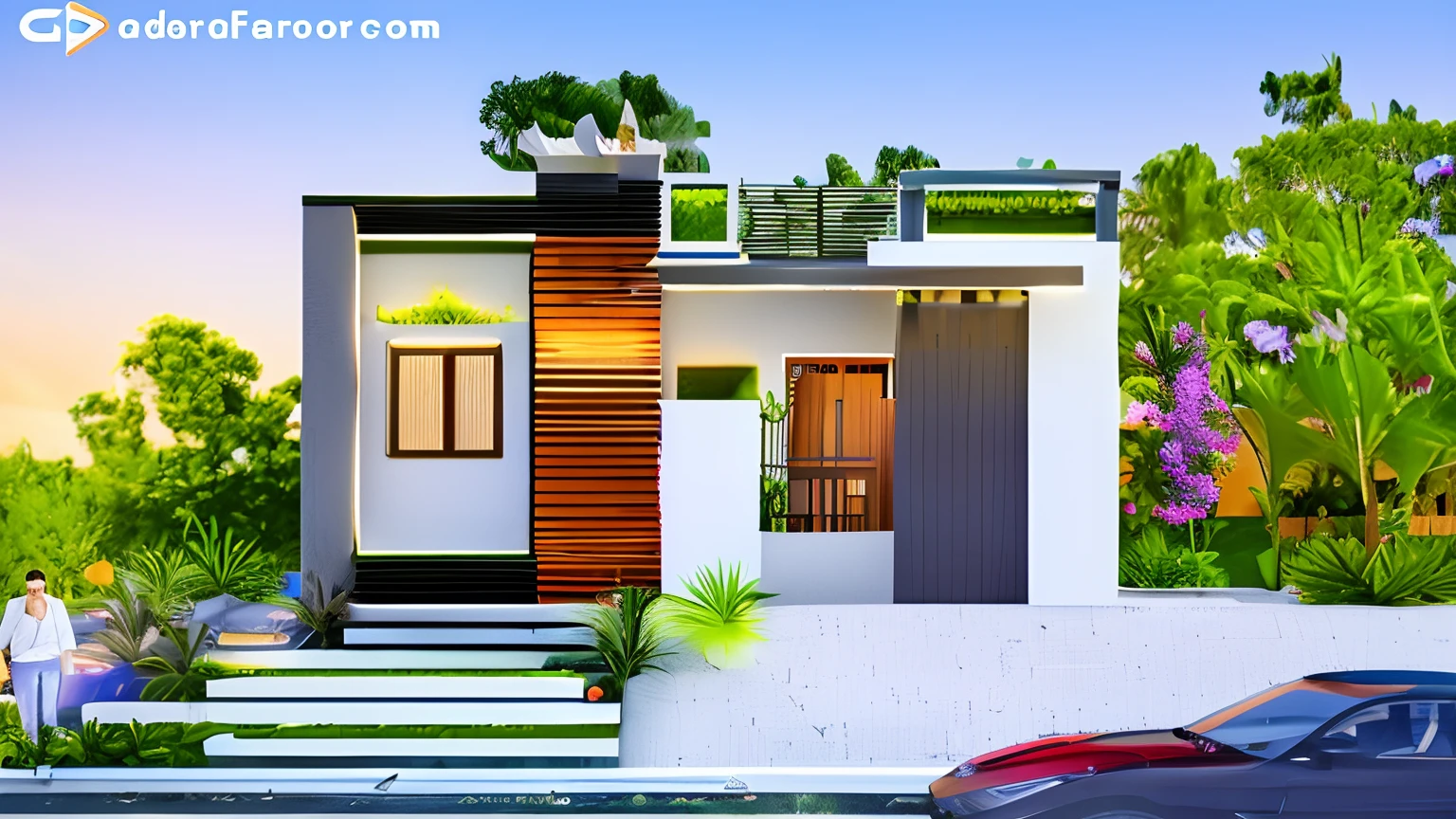 arafed house with a car parked in front of it, exterior design, single floor, front elevation view, simple design, front facing view, colorful house, architectural rendering, digital rendering, perspective view, front perspective, colorful modern, high quality rendering, elevation view, modern style, architectural render, residential design, front-view, simple elegant design, contemporary house