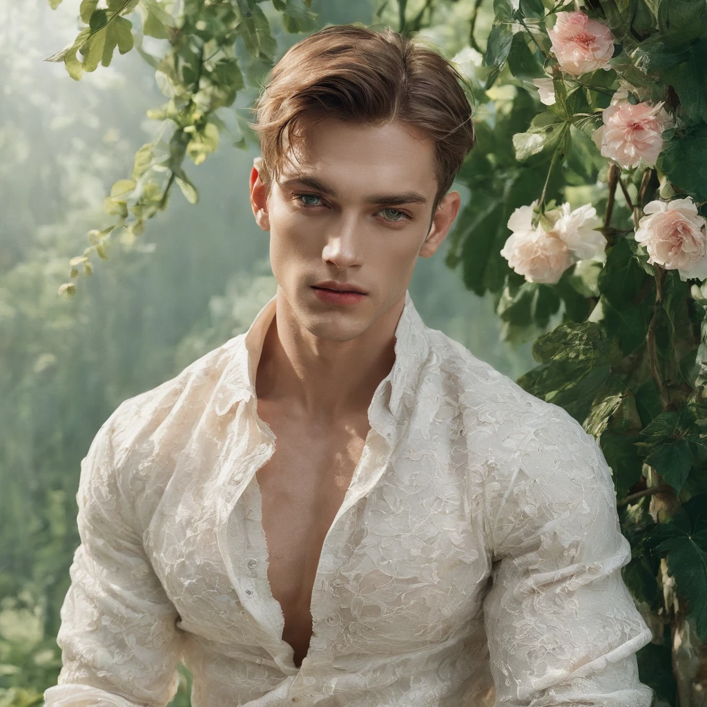 vogue photography, Photo panorama, Beautiful Montenegro (light freckles:0.8) And a shy smile, (Muscular:1.2), Handsome male model sitting on blanket, Sweaty, It's all sweat, Wear a see-through men's shirt and men's panties soaked in sweat, steven klein, Melt Arras and Marcus Pigot, mert and marcus, Flowers are scattered around, ryan mcginley, artem, inspired by Konstantin Somov, Danila Tkachenko, photography alexey gurylev, amongst foliage, steven meisel, photography alexey kurylev. Natural skin, Textured skin, (Kagor aesthetics:1.2), (rim lit:1.3), Pastel colors. . elegant, opulent, Flowing lines, Detailed, decor,Simple . Award-winning, professional, Highly detailed