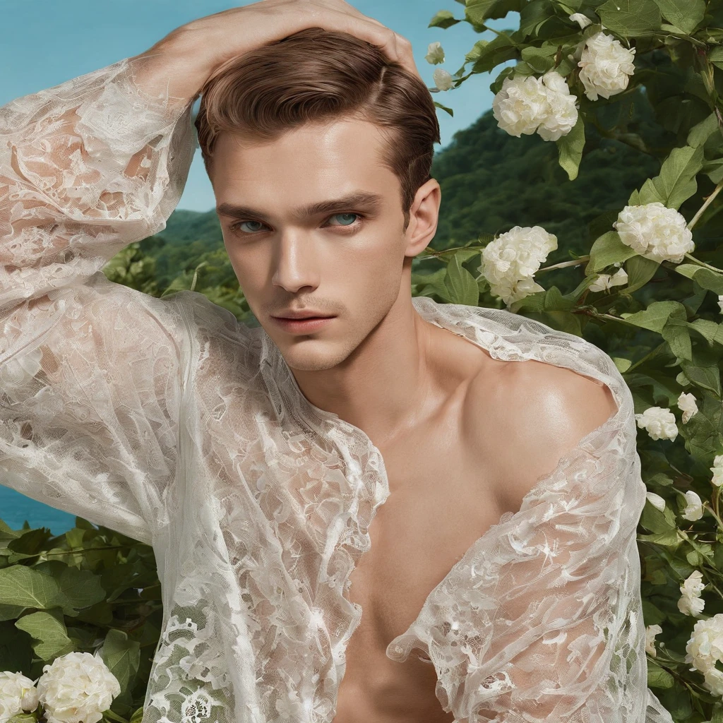 vogue photography, Photo panorama, Beautiful Montenegro (light freckles:0.8) And a shy smile, (Muscular:1.2), Handsome male model sitting on blanket, Sweaty, It's all sweat, Wear a see-through men's shirt and men's panties soaked in sweat, steven klein, Melt Arras and Marcus Pigot, mert and marcus, Flowers are scattered around, ryan mcginley, artem, inspired by Konstantin Somov, Danila Tkachenko, photography alexey gurylev, amongst foliage, steven meisel, photography alexey kurylev. Natural skin, Textured skin, (Kagor aesthetics:1.2), (rim lit:1.3), Pastel colors. . elegant, opulent, Flowing lines, Detailed, decor,Simple . Award-winning, professional, Highly detailed