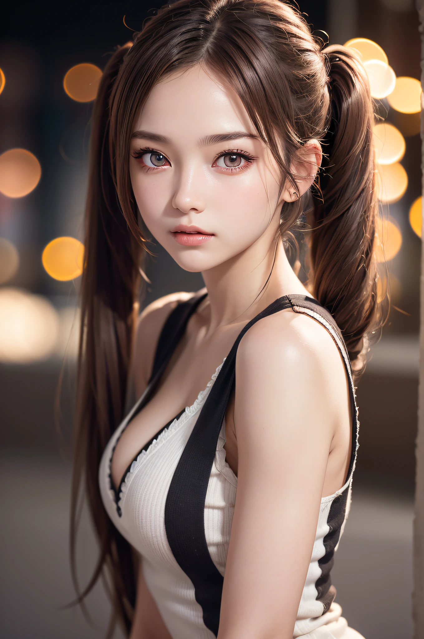 ((1girl in)), (Twintails), Brown hair, Amazing face and eyes, Pink eyes, (amazingly beautiful girl), Brown hair, ((Best Quality)), (Ultra-detailed), (extremely detailed CG unified 8k wallpaper), Highly detailed, High-definition raw color photos, Professional Photography, (((Bokeh))), depth of fields,