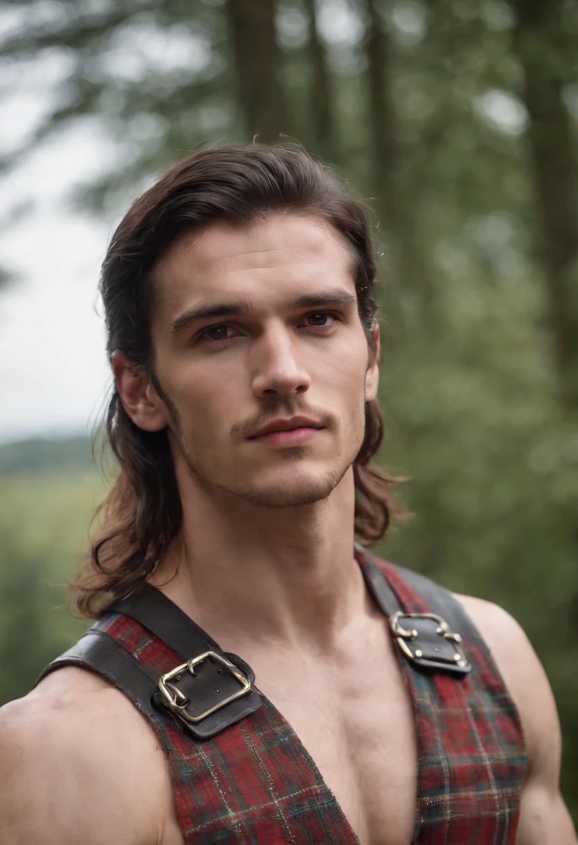 very handsome face, young handsome scottish medieval man, 25 years old, topless, in tartan kilt, dynamic pose, lean and fit, nice biceps, long black hair, fit, stormy background