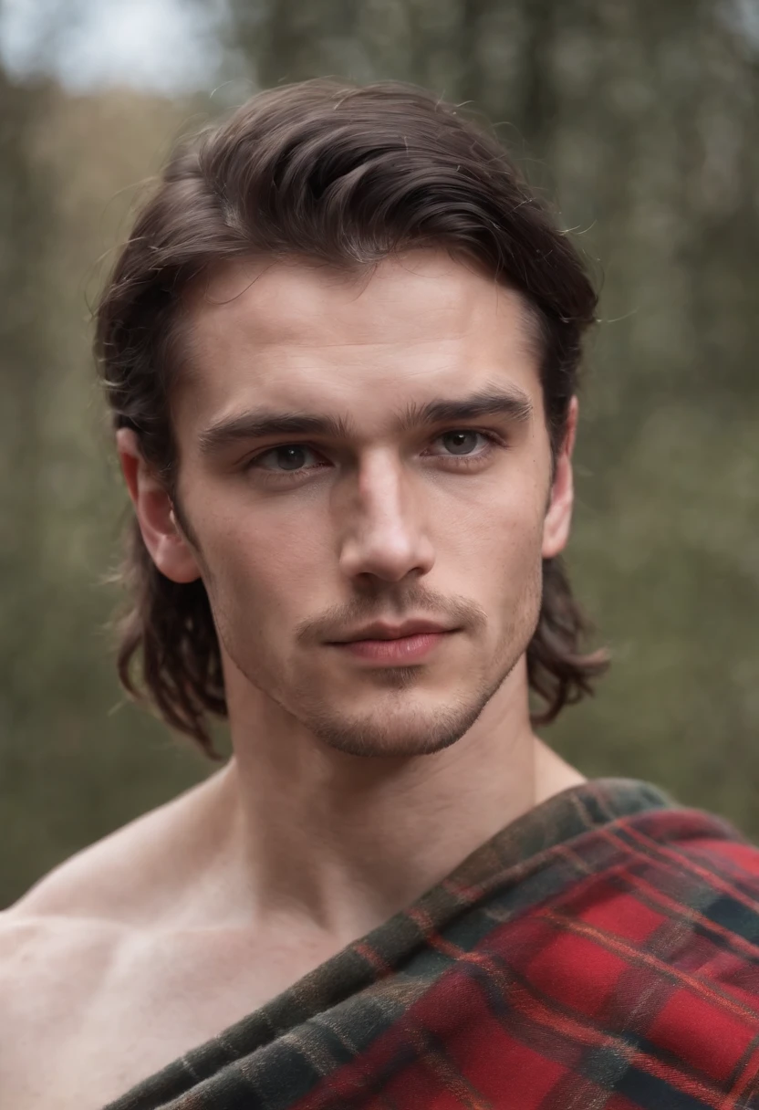 very handsome face, young handsome scottish medieval man, 25 years old, topless, in tartan kilt, dynamic pose, lean and fit, nice biceps, long black hair, fit, stormy background