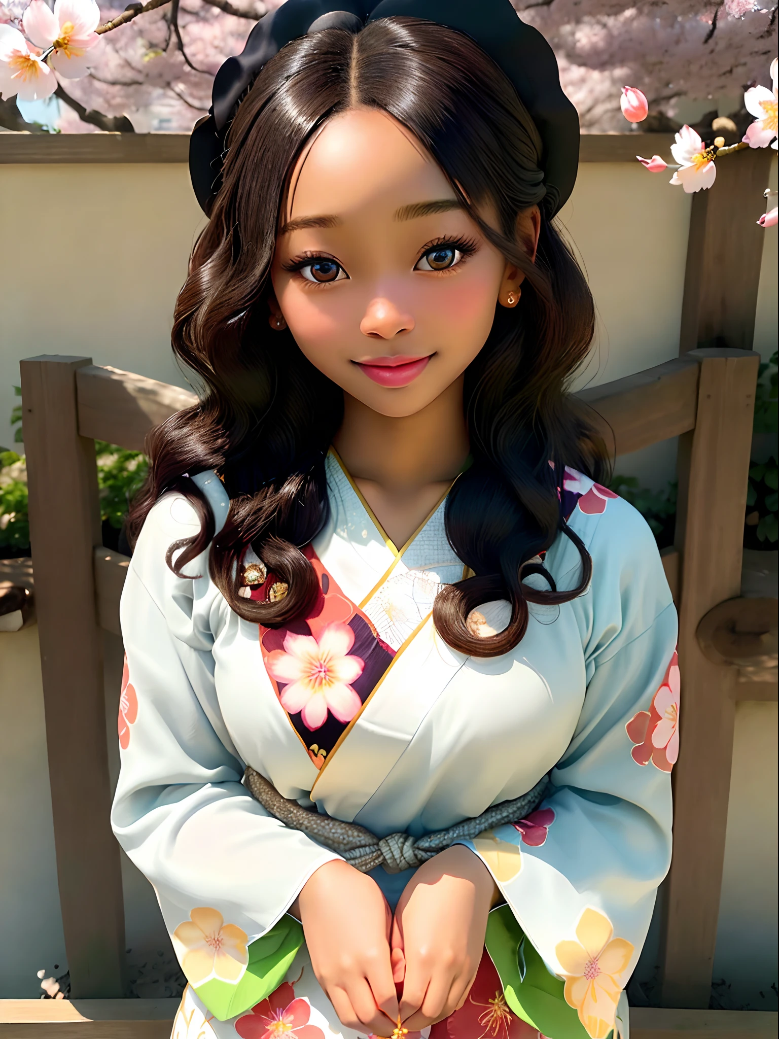 (best quality,highres),1 girl,beautiful detailed eyes,beautiful detailed lips,extremely detailed eyes and face,long eyelashes,mix African and Japanese,soft curly hair,natural beauty,youthful appearance,vibrant and colorful clothing,standing in a blooming garden surrounded by cherry blossoms and flowers,with a peaceful and serene expression,looking towards the horizon,enjoying the gentle breeze and warm sunlight,with a hint of curiosity in her eyes,emitting an air of elegance and grace,harmoniously blending the African and Japanese cultures,creating a unique fusion,inspiring diversity and inclusivity,artistic portrait,painted with delicate brushstrokes and vibrant colors,exuding a sense of warmth and positivity.