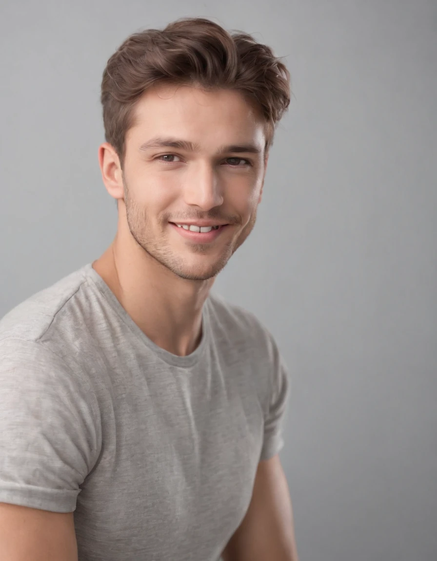 (Photo: 1.3) af (Reality: 1.3), Caucasian man soft light, clear face, happy, cheerful, smiling, warm light, t-shirt, ((off-white background)), ((off-white background)). ((grey wall background)) avatar, (long or short hair), smile, handsome, young,, short hair, smile, (medium close-up)