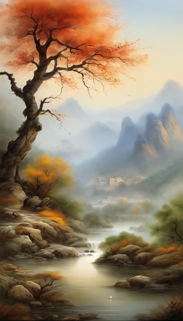 Chinese landscape painting,ink and watercolor painting,water ink,ink,Smudge,Faraway view,Ultra-wide viewing angle,Meticulous,Five duck diagram,Five ducks in the river,River side,Small Stone Bridge,grassy fields,The tree,The vista is a mountain,(8k wallpaper),(light and shadow effect),rendering by octane,White balance design,Extremely detailed picture depiction,wide angles,depth of fields,tmasterpiece,realisticlying,Beautifully depicted,A detailed,acurate,Works of masters,tmasterpiece