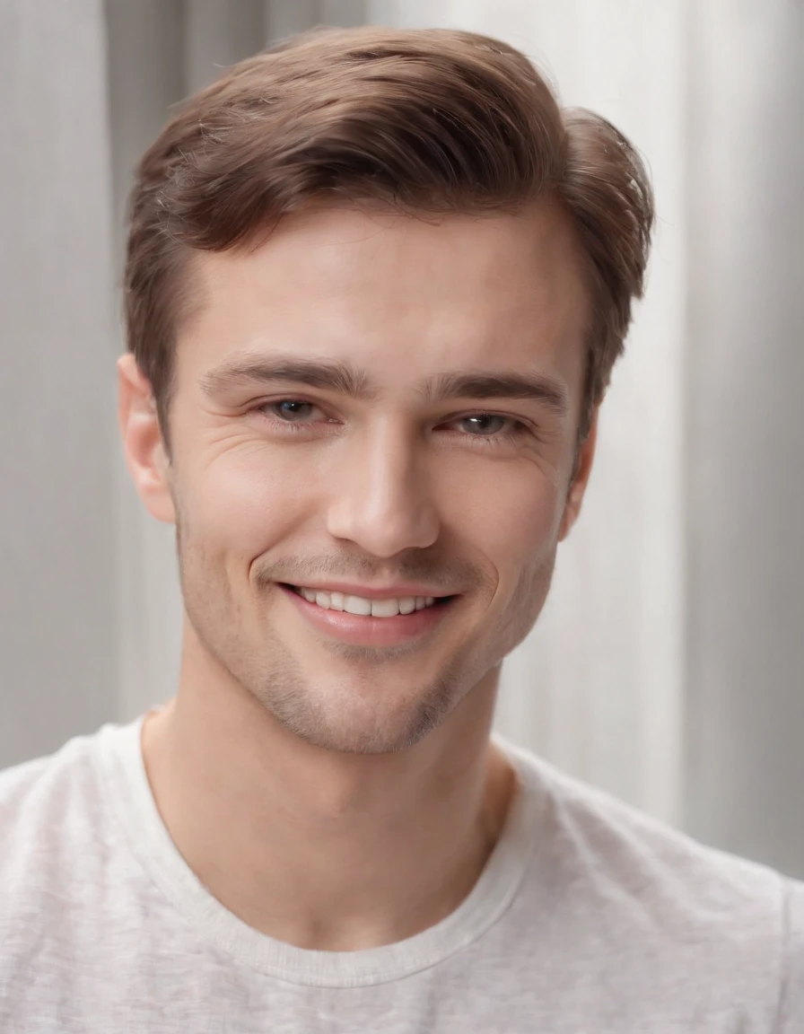 (photo: 1.3) af (photorealism: 1.3), caucasian man soft light, clear face, happy, cheerful, smiling, warm light, white t-shirt, ((off-white background)), ((off-white background)) . ((grey wall background)) avatar, (long or short hair), smile, handsome, young,, short hair, smile, (medium close-up)