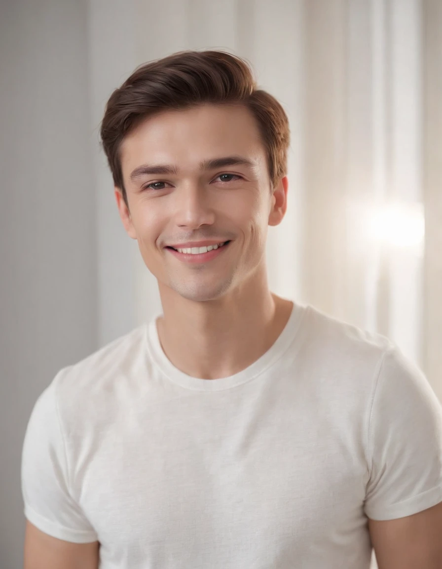 (photo: 1.3) af (photorealism: 1.3), caucasian man soft light, clear face, happy, cheerful, smiling, warm light, white t-shirt, ((off-white background)), ((off-white background)) . ((grey wall background)) avatar, (long or short hair), smile, handsome, young,, short hair, smile, (medium close-up)