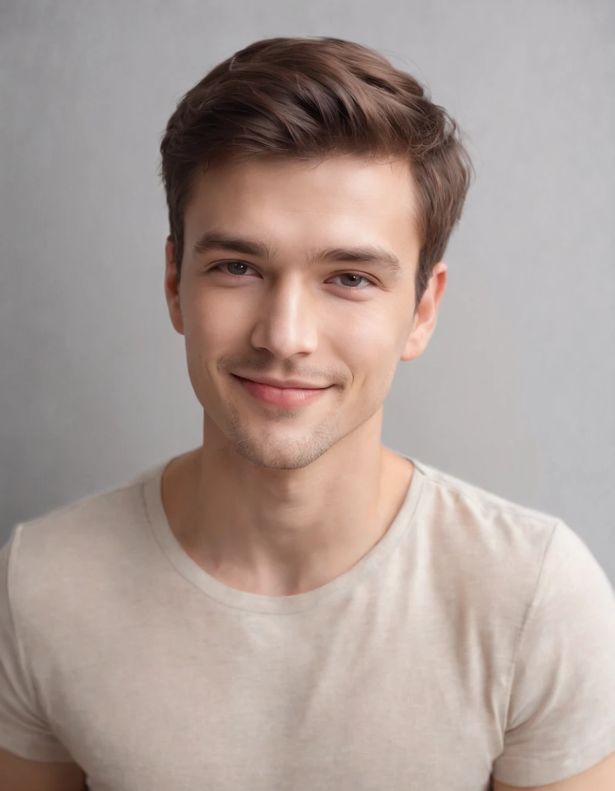 (photo: 1.3) af (photorealism: 1.3), caucasian man soft light, clear face, happy, cheerful, smiling, warm light, white t-shirt, ((off-white background)), ((off-white background)) . ((grey wall background)) avatar, (long or short hair), smile, handsome, young,, short hair, smile, (medium close-up)
