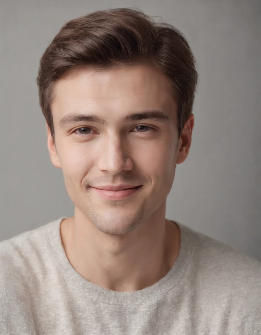 (photo: 1.3) af (realism: 1.3), caucasian man soft light, clear face, happy, cheerful, smiling, warm light, dark t-shirt, ((off-white background)), ((off-white background) ). ((grey wall background)) avatar, (long or short hair), smile, handsome, young,, short hair, smile, (medium close-up)