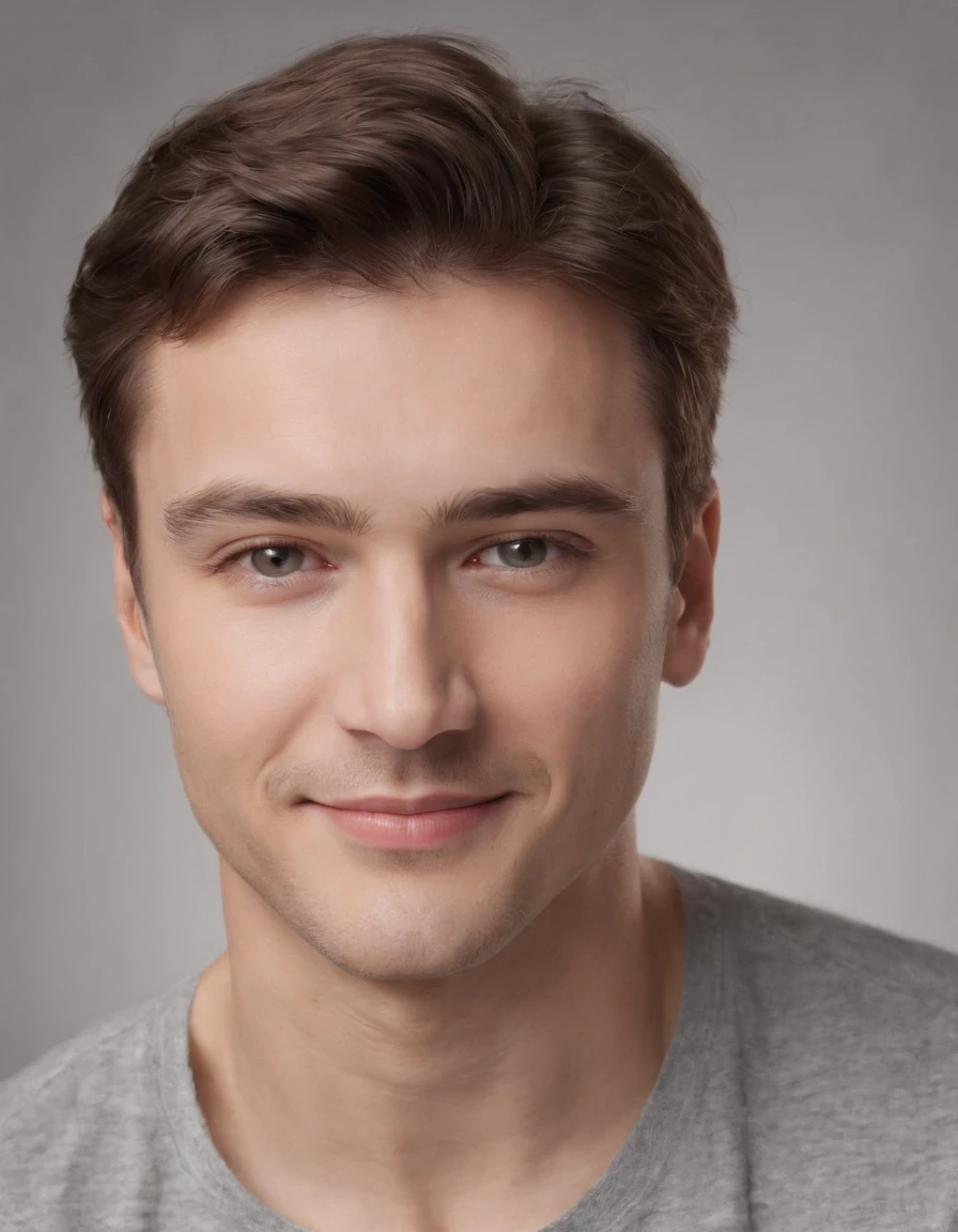 (photo: 1.3) af (realism: 1.3), caucasian man soft light, clear face, happy, cheerful, smiling, warm light, dark t-shirt, ((off-white background)), ((off-white background) ). ((grey wall background)) avatar, (long or short hair), smile, handsome, young,, short hair, smile, (medium close-up)
