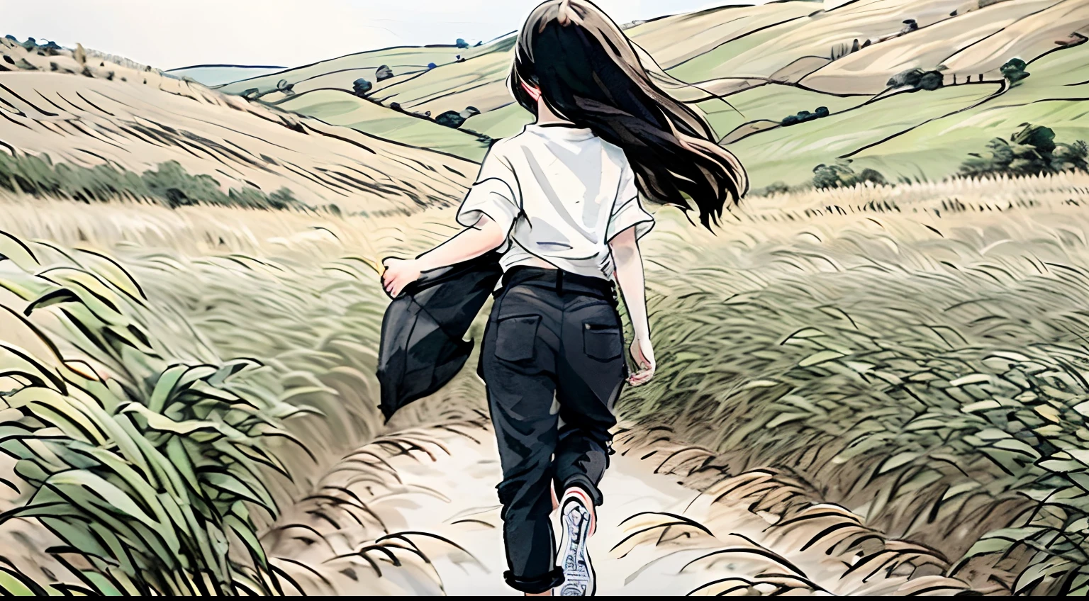 a girl，Turn Back，wave her hand，wheat field，Wearing a white shirt and black Pants，white shoes，Best possible quality，(prospect)