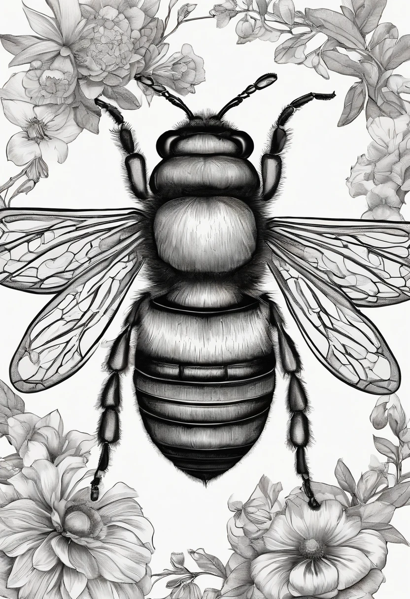 A picture of a bee,It has flowers and leaves on it, Highly detailed illustration, highly detailed ink illustration, highly detailed drawing, detailed ink illustration, Highly detailed illustration.”, highly detailed sketch, highly detailed linework, highlydetailedillustrations, higly detailed black ink outline, finely detailed illustration, extremely detailed linework, detailed linework, insanely detailed linework