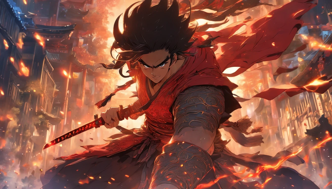 中景 the scene is,Chinese ink style,Smudge, 1 handsome boy, Black Hair, Red glowing eyes, Crazy smile, Wielding a sword,Dark,Flowing and chic,Ancient armor,Combat boots,(Full body like:1.5),Chang'an Avenue,ventania,8K,((super-fine)),Hyper-realistic,(((OC renderer)))