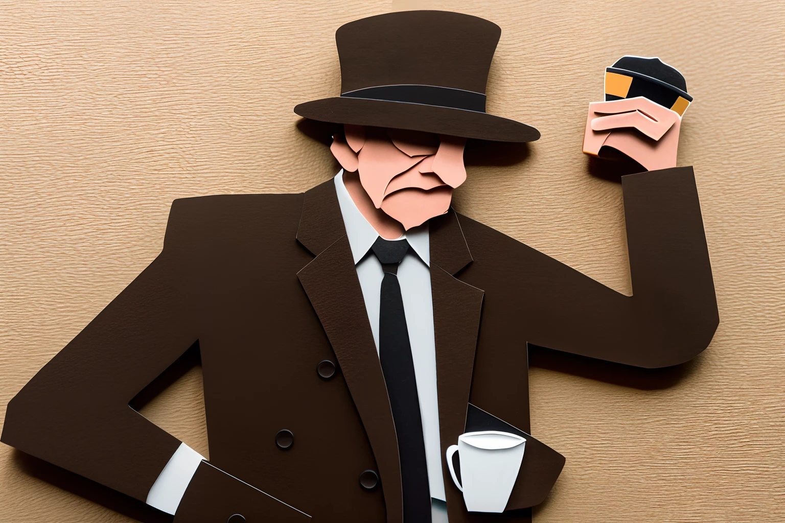 hard-boiled, nihilism, 1 male with hat and coffee, sit on chair, profile, suit, tie, paper-cut craft of sepia color, black, black brown, dark brown, intricate detailed, highest quality, meticulously detailed, physically based rendering,
