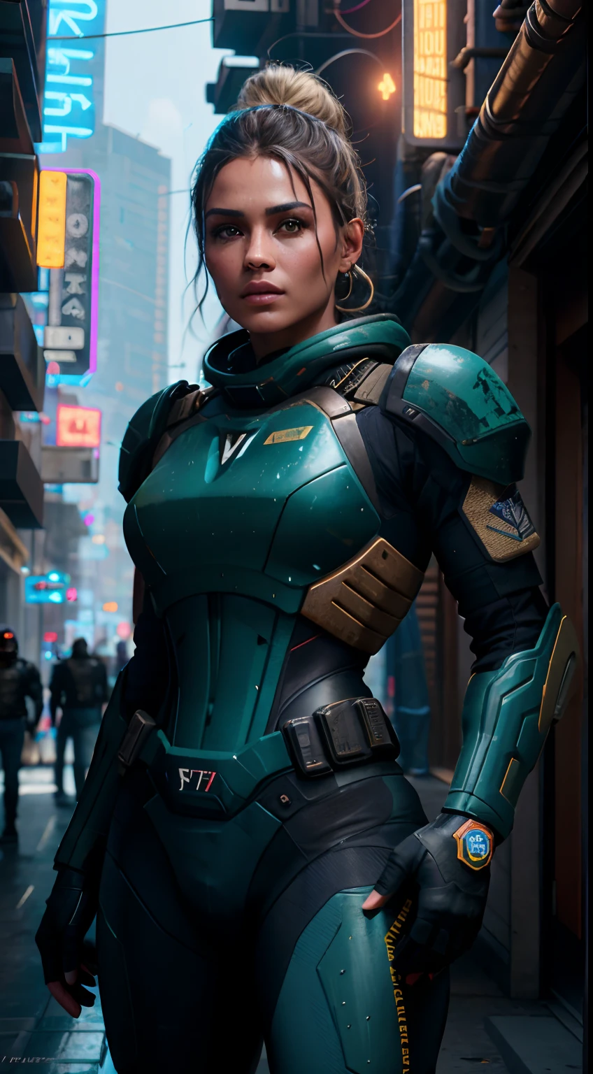 obra-prima, uma bela modelo italiana, louro, em uma rua movimentada com placas de neon, Starship Troopers Aesthetics, Cyberpunk aesthetics, cabelo longo, Very detailed lighting, Dramatic, trending digital art in Artstation 8k HD realistic detailed high definition, detalhado, textura da pele, hiper detalhado, textura de pele realista, armadura, melhor qualidade, Ultra alto nada, (fotorrealista: 1.4), alta resolução, detalhado, foto crua, sharp re, por Lee Jeffries Nikon D850 Film Fotografia de Stock 4 Kodak Portra 400 Camera F1.6 Lens Rich Colors Hyper Realistic Texture Dramatic Lighting UnrealEngine trend in ArtStation Cinestill 800
