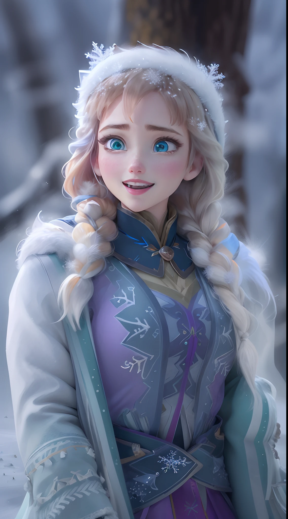 (Obra maestra:1.4), (Mejor calidad:1.4), (High resolution:1.4),
Ana de Arendelle,frozen,Reign of Ice, Purple cap, trenzas gemelas, Winter mountain costume,
Outdoos, hielo, invierno, nieve, bosque,
Mirando al espectador, They are smiling, fotorrealista, Renderizado de octanaje, Motor irreal, ultrarrealista,motor irreal:1.4,UHD,La mejor calidad:1.4, fotorrealista:1.4, textura de la piel:1.4, obra maestra:1.8,(nieve:1.4),(falling snowflake:1.4),