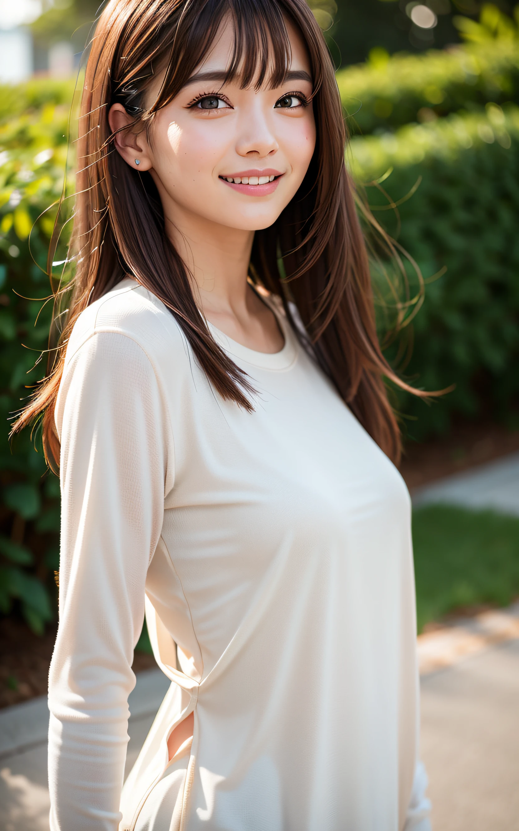 masutepiece, Best Quality, 8K, 1girl in, Right human hands, Correct human finger, 24 I, close up of face, (Smile), Cute, Girly, Goddess, Delicate girl, Neat and clean beauty, medium breasts⁩, Luminescent, Looking away, Raw photo, F/1.8, 135 mm, NIKON, Anatomically correct, Bokeh，Textured skin, Professional Photography, Portrait, Soft light, Professional Lighting, Back Light, Film grain, (Eyes and faces with detailed:1.0), Brown hair, Medium hair swaying in the wind, Bangs, silk shirt