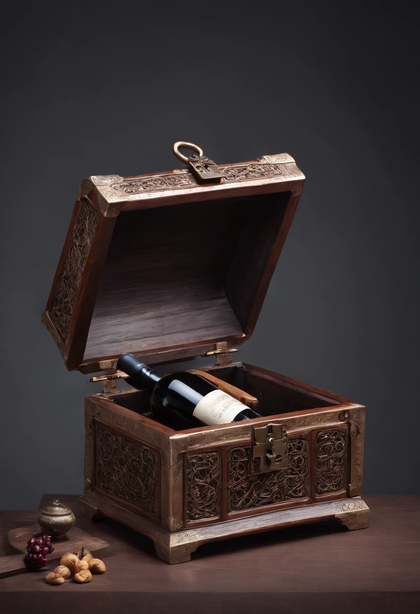 A treasure chest,Ancient Chinese style,Copper wire,High-quality wood,There was 1 bottle of wine inside,