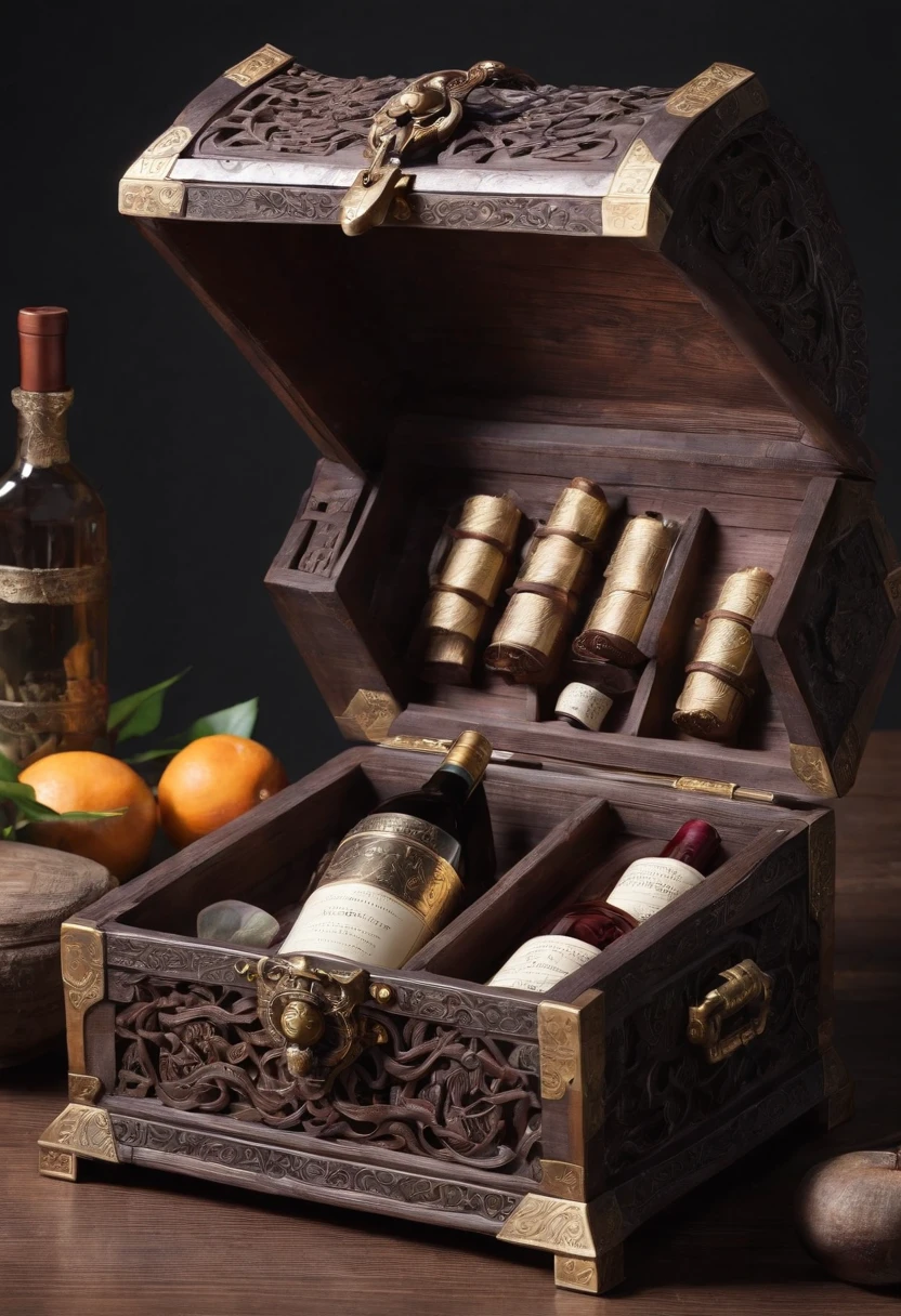 A treasure chest,Ancient Chinese style,Copper wire,High-quality wood,There was 1 bottle of wine inside,