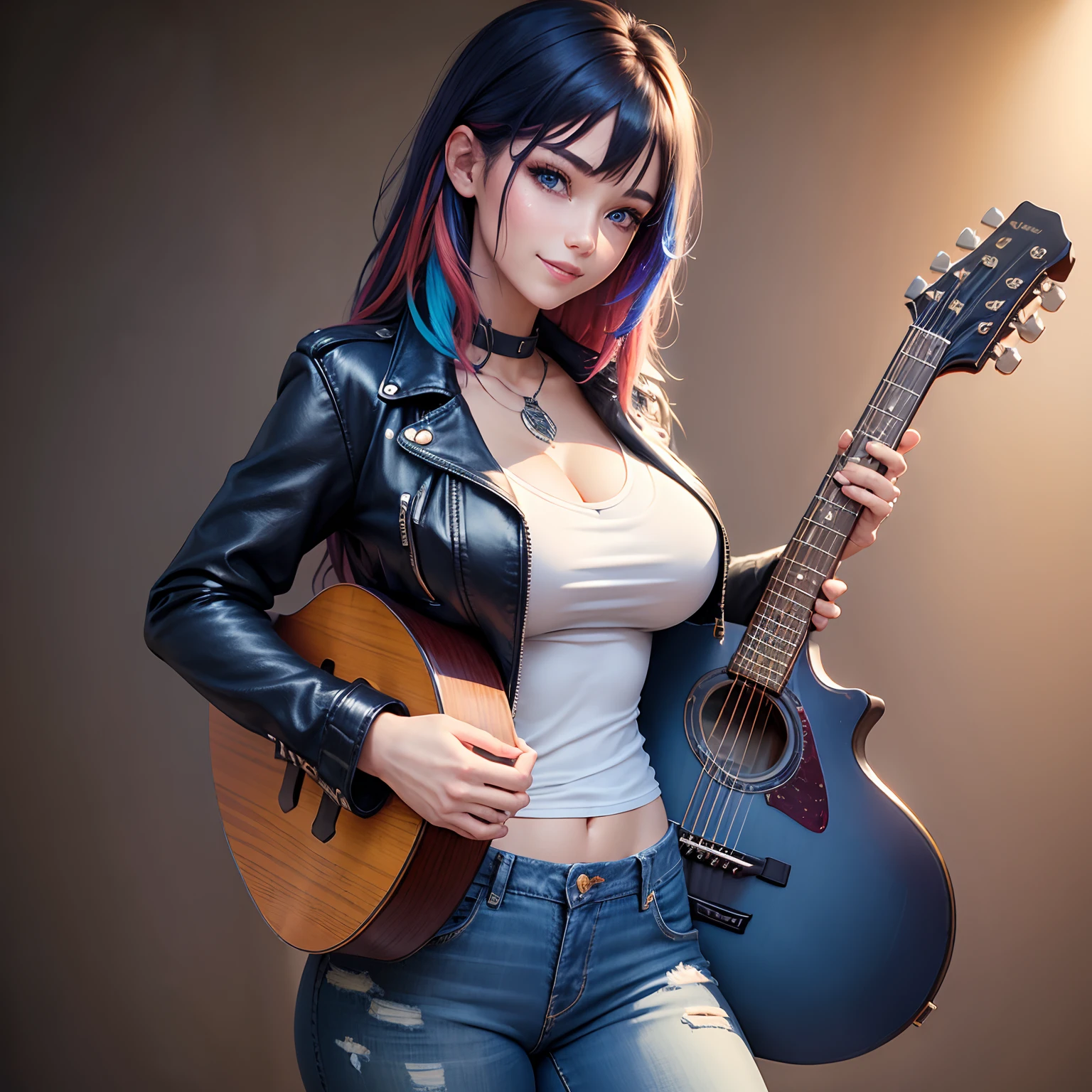 girl with、Carry the guitar on your back、leather jackets、jeans、a smile、a beauty girl、multicolored hair、top-quality、Long、huge tit、modeled、Excellent style、HD Images、hyperdetailed face、super-detaild skin、Beautie、Perfect facial features、blue eyess、