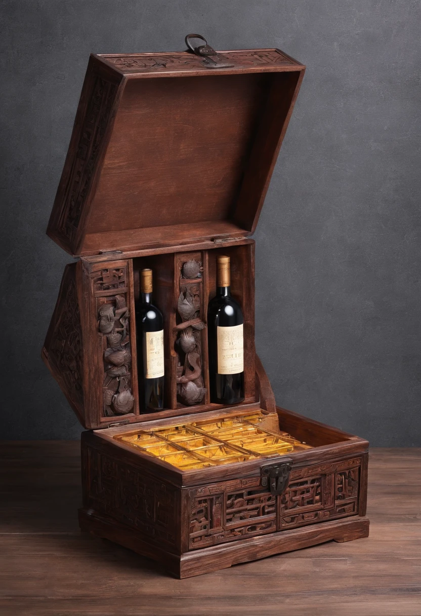 A treasure chest,Ancient Chinese style,Copper wire,High-quality wood,There was 1 bottle of wine inside,