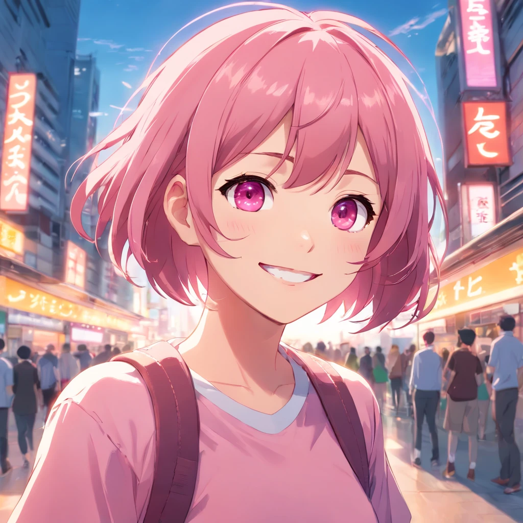 pink short hair pink eyes anime girl straight bangs pink shirt smiling cute