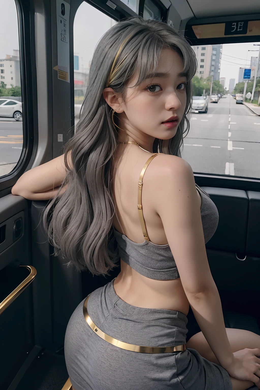 Ultra High Quality,8K,1girl in,round large chest、((round big buttocks))、white tank tops、Clothes with a protruding navel、(Golden hair:1.5))、angry、People with Japan々The beauty of、long lashes、((Gray eyes:1.4))、in the bus、pleatedskirt、Angle from above、Turn away and turn around、stick out buttocks、undergarment
