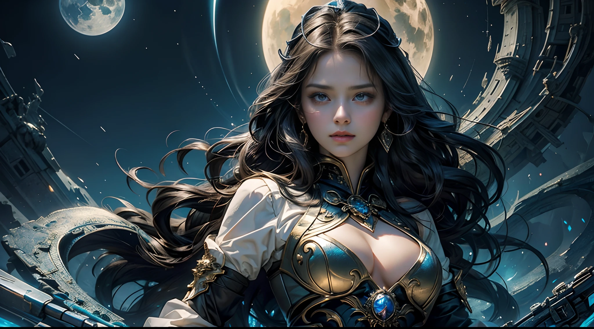 tmasterpiece,top-quality,best qualityer,offcial art,Beauty and aesthetics:1.2),(tmasterpiece:1.3), (8K, realisticlying, RAW photos, best qualtiy: 1.4), beauitful face, (photorealiscic face),超高分辨率, Ultra photo realsisim, highly detailed, the golden ratio, (with dynamism:1.3),(Saturation:1.3),illusory engine, (High detail: 1.9),(femele:1.4),(Large breasts),female mage,The background is the castle,dramatics,(magia:1.8),(Glowing scepter:1.5),Mysterious symbol