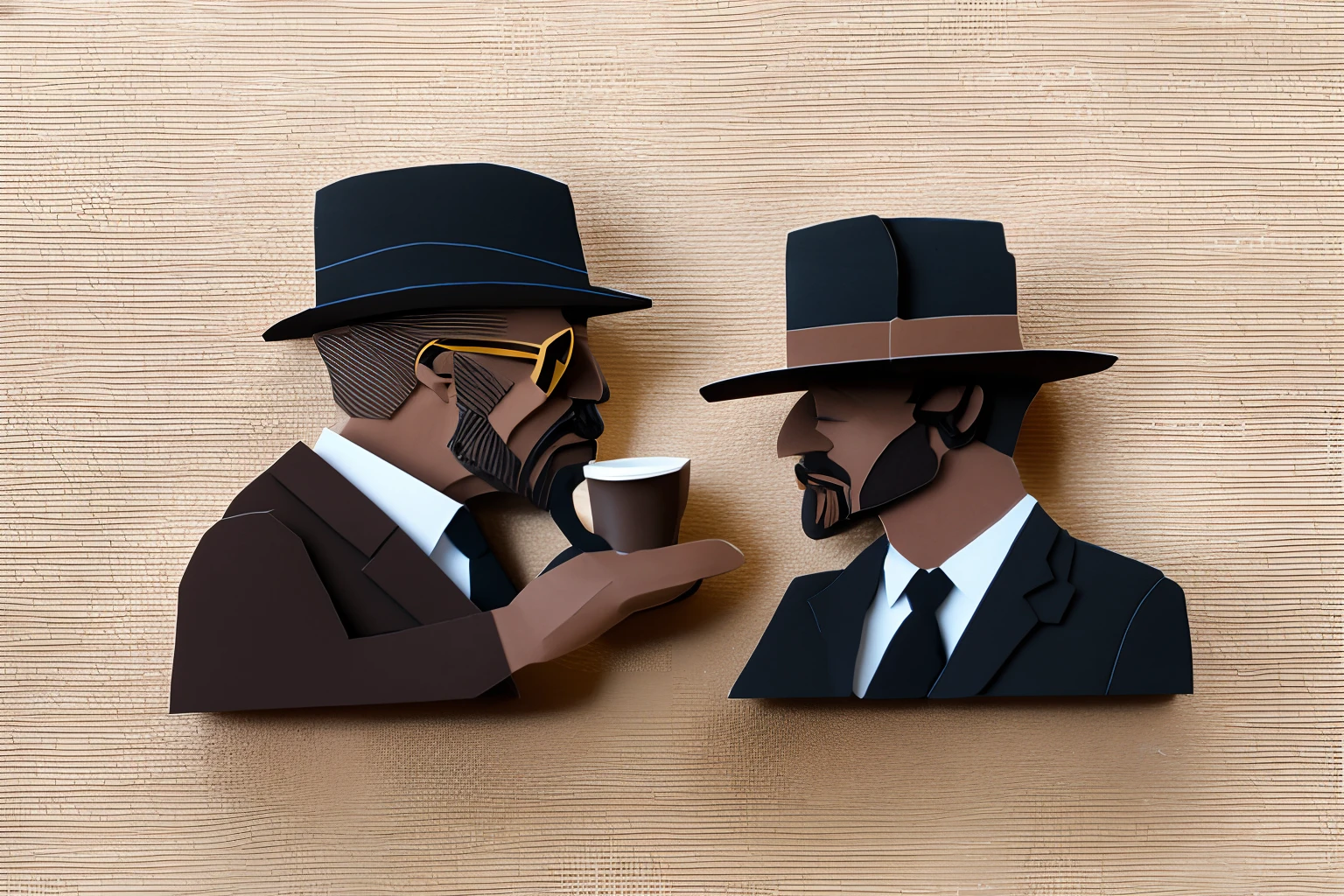 hard-boiled, nihilism, 1 male with hat and coffee, sit on chair, profile, suit, tie, paper-cut craft of sepia color, black, black brown, dark brown, intricate detailed, highest quality, meticulously detailed, physically based rendering,
