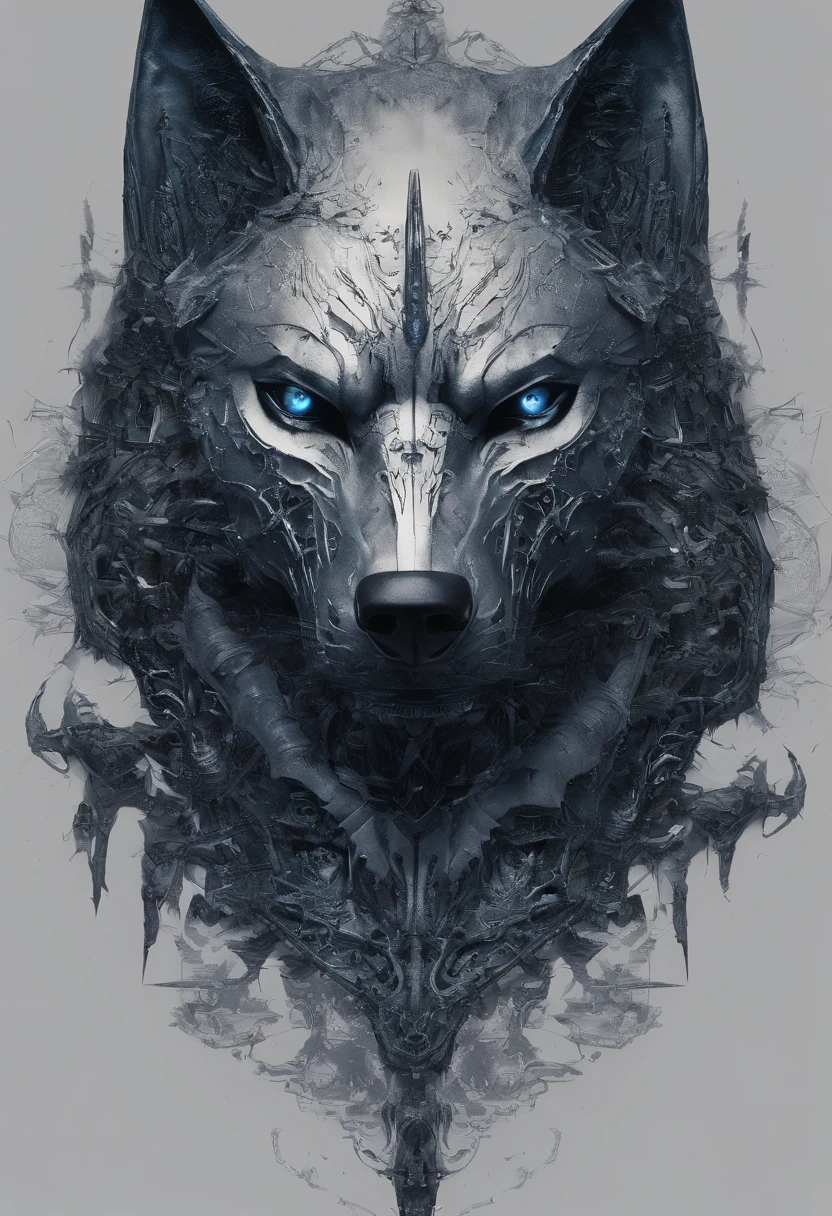 top-quality, Dramatic Writing,Blue glowing eyeballs， menacing pose, fierce look, epic atmosphere, (((Helmet in the shape of a wolf's head))), (((Full body shot))),Metal Wolf, cyborgs, Cyberpunk style, Clockwork, ((Intricate details)), nffsw, ((Intricate details, hyperdetails)), incandescent lamps, cinematic shot, Vignette, bokeh effect beckground, (respect), (Full body shot).
