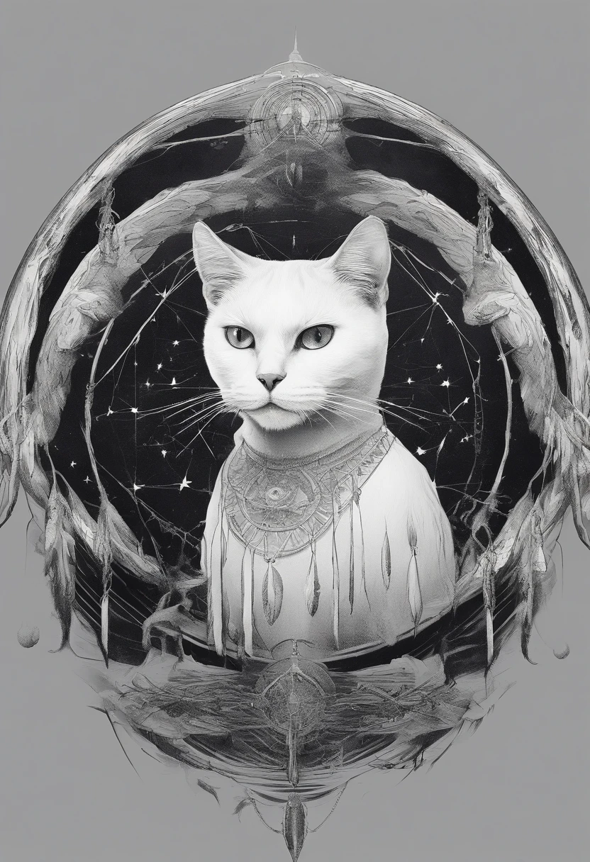 （White cat in the circle of colorful dream catchers），"T-shirt design with circular silhouette of cat face, Crescent, and stars in the