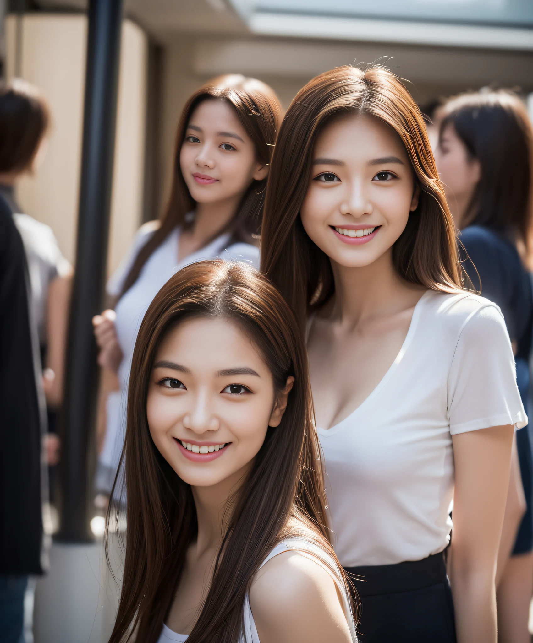 ((Day, Best quality, 8k, Masterpiece:1.3, Realistic)), Whole body, Long legs:1.2, Sharp Focus:1.2, A pretty woman with perfect figure, Slender abs, ((1 girl, Long dark brown hair, Medium breasts)), ((Loose thin tshirts, Short pants, Standing:1.2, Side streets, Crowded traffic background)), (Dynamicposes:1.2, Soft lighting, Looking at viewers, Side angle view, Fashionable), Single shot, Highly detailed face and skin texture, Detailed eyes, Double eyelid, (Characters play), (Smiling), Seductive random pose, (Closeup camera view)