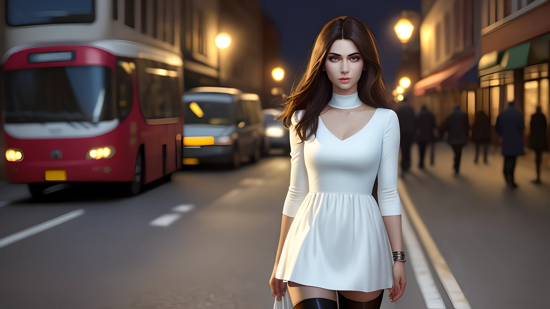 ((Realistic lighting, Best quality, 8K, Masterpiece: 1.3)), Clear focus: 1.2, 1girl, Perfect body beauty: 1.4, Slim abs: 1.1, ((dark brown hair)), (White dress: 1.4), (Outdoor, night: 1.1), City Street, Super Fine Face, Fine Eyes, Double Eyelids, (Over the knee black stockings: 1.5)