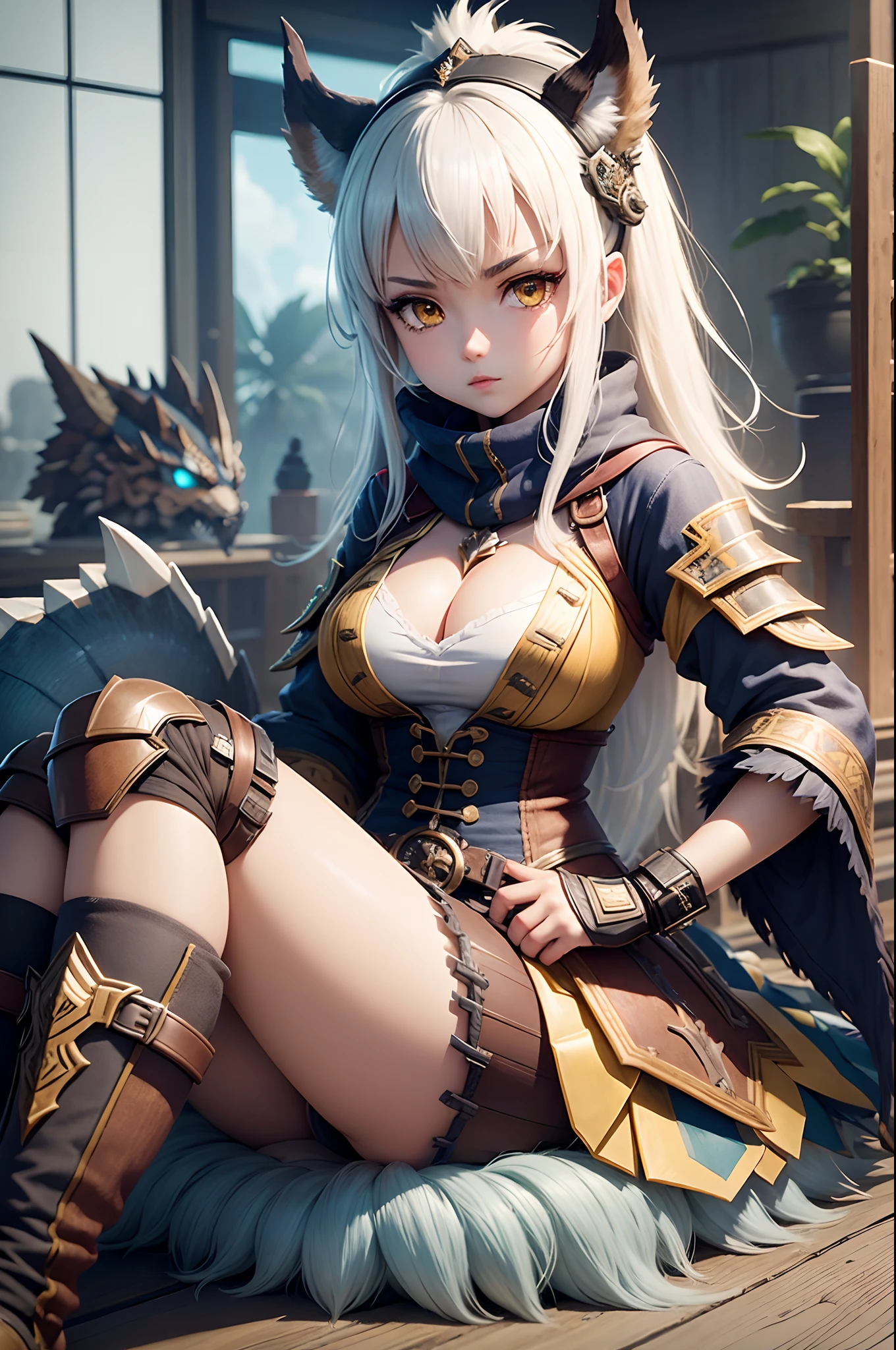 menina de corpo inteiro, com as armaduras do kirin do monster hunter freedom unite, anime realista