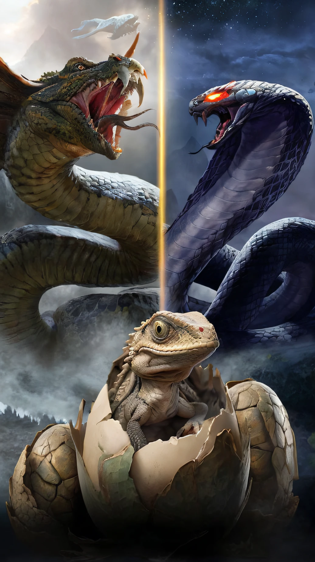 There are two snakes eating eggs in the dark, Realistic models,movie picture quality, hyperrealistic d & D fantasy art, monster hunter the movie, ultraterrestrial dragons, author:Johfra Bosschart, lizardfolk, serpent, newly hatched dragon, reptil, author:Laszlo Balog, reptoids, author:Bob Egleton