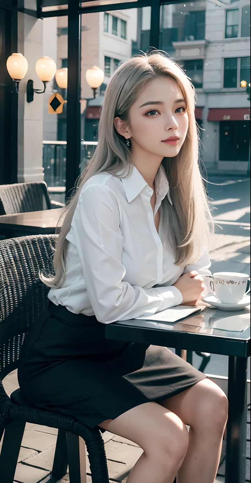 NSFW, (8k, best quality, masterpiece:1.2), (realistic, photo-realistic:1.37), ultra-detailed, 1 girl, looking at view, cute, beautiful detailed sky, detailed cafe, night, sitting, dating,(nose blush), sitting before a table, table with afternoon tea, (smile:1.15),(closed mouth) medium breasts,beautiful detailed eyes,(collared shirt:1.1), daytime, sunshine, business attire, rain,white lace, (long hair:1.4),silver hair NovaFrogStyle, uniform, white skin,cinematic light,sunshine,street light, (av actress: 4), full body image,(tea table:1),(hand bag:1), ulzzang-6500-v1.1:0.3, karinak-4501-6300:1.2