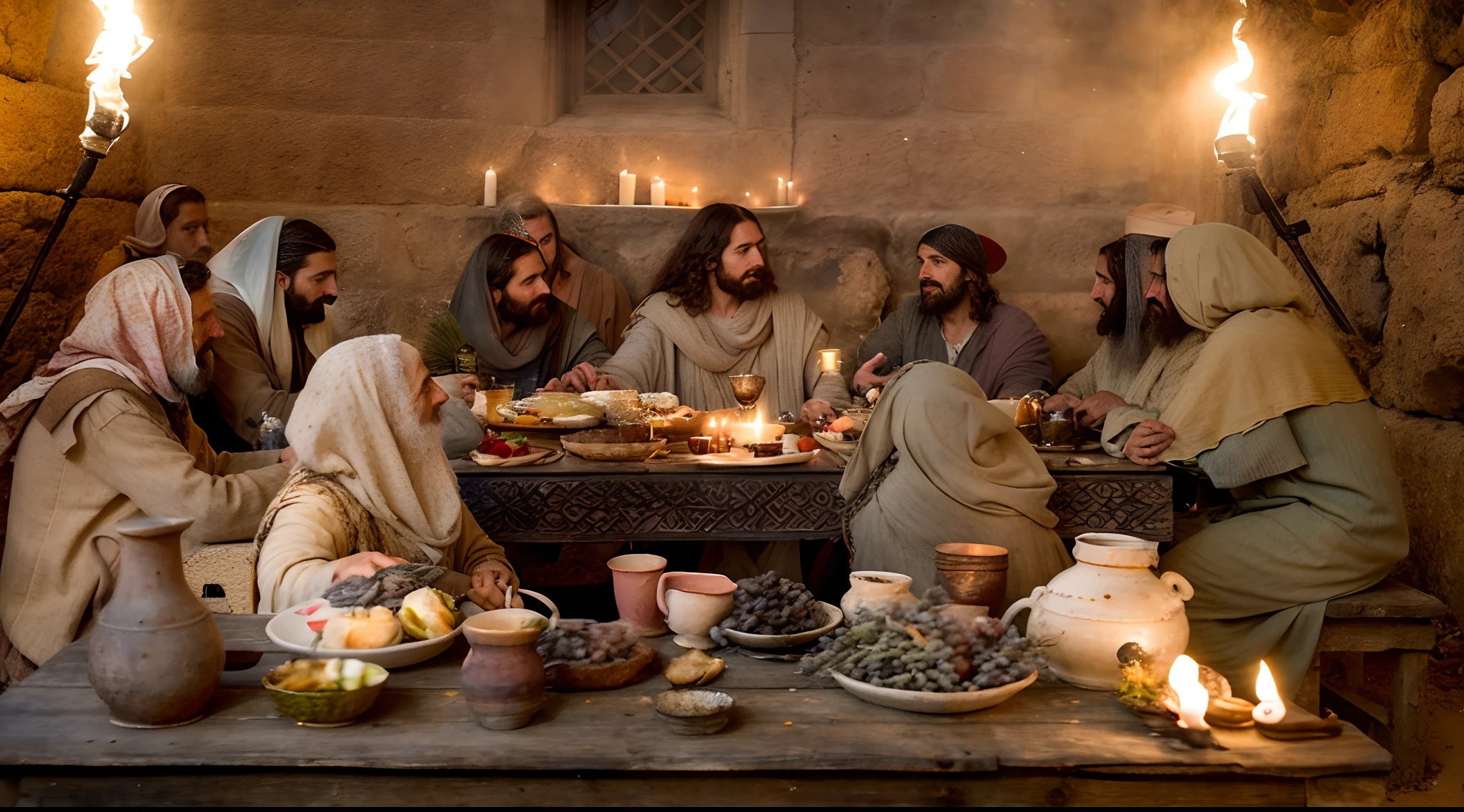Modern portrait of Jesus with other people sitting at the table eating and drinking, rodeados de pessoas, cinematic lighthing, profundidade de campo, Bokeh, Realismo, fotorrealista, hiper-realismo, fotografia profissional, UHD, DSLR, HDR