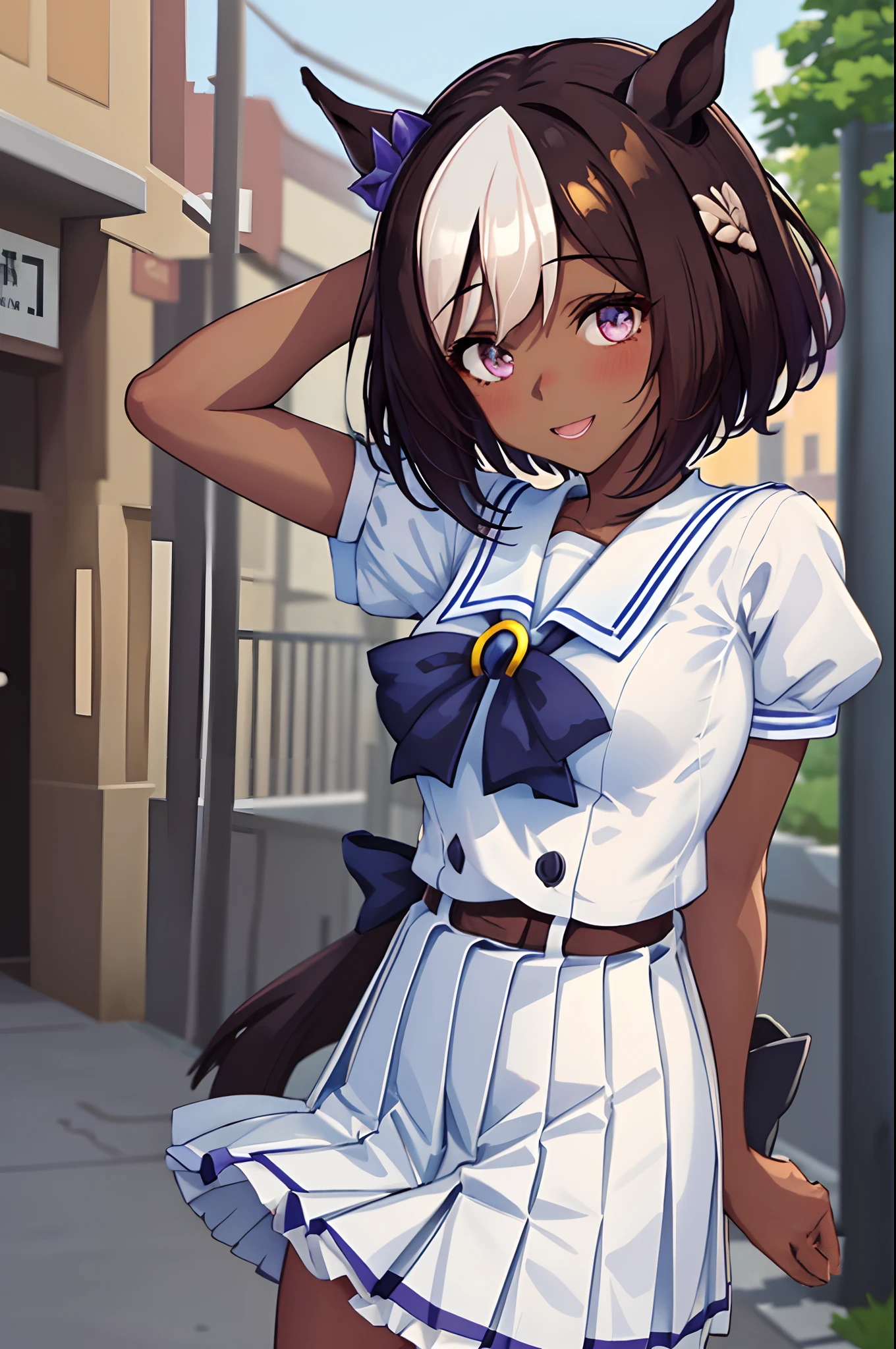 (masterpiece, best quality:1.2), cowboy shot, solo, 1girl, special week \(umamusume\), short hair, horse ears, open_mouth, bangs, (alley), (on road), smile, looking at viewer, hands behind back, natsufuku, pleated skirt, puffy short sleeves, white skirt, sailor collar, sailor shirt, tracen school uniform, shiny glossy skin, BlackGirl, very dark skin, dark-skinned female