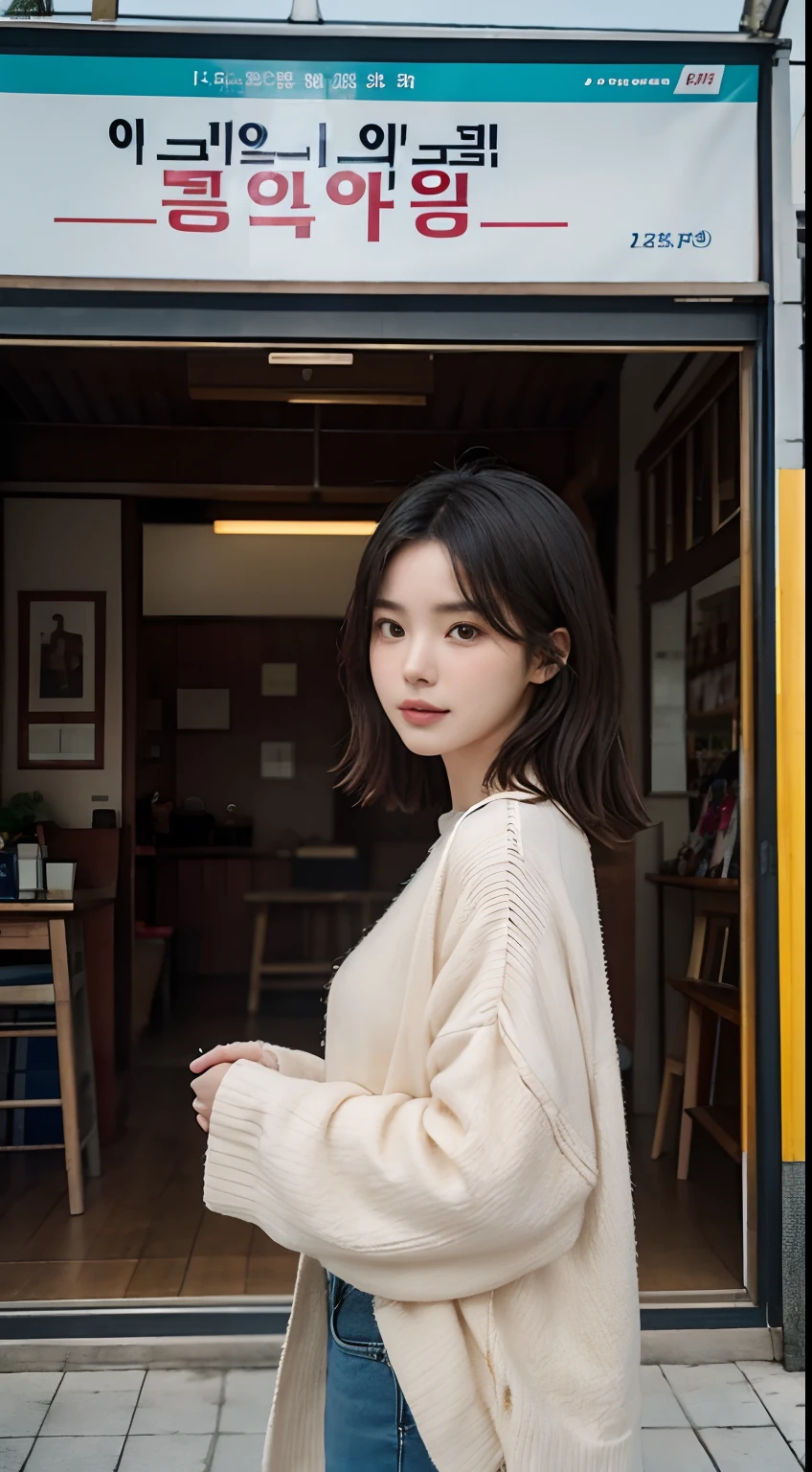 arafed woman standing in front of a sign that says R.E, fujita goro, sangsoo jeong, lee ji-eun, lee ji - eun, korean artist, by Elena Guro, eeri, song hye - kyo, joy ang, discovered photo, official store photo, erin, cindy avelino, inspired by Edwin Georgi, giorgio