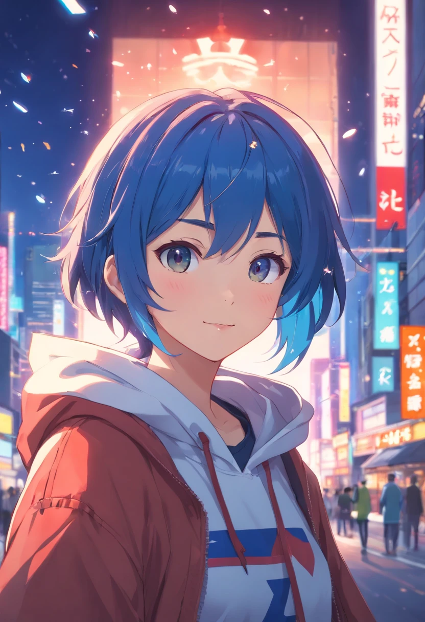 masterpiece, best quality, 1girl, upper body, ((looking at viewer)), beautiful eyes, beautiful lips, smiling to viewer, United States of America (USA) theme, American style, wearing clothes with USA flag, blue hair, white hoodie with red, stars on hoodie, solo, vivid colors, sharp focus,HDR,studio lighting, physically-based rendering,portraits,bokeh