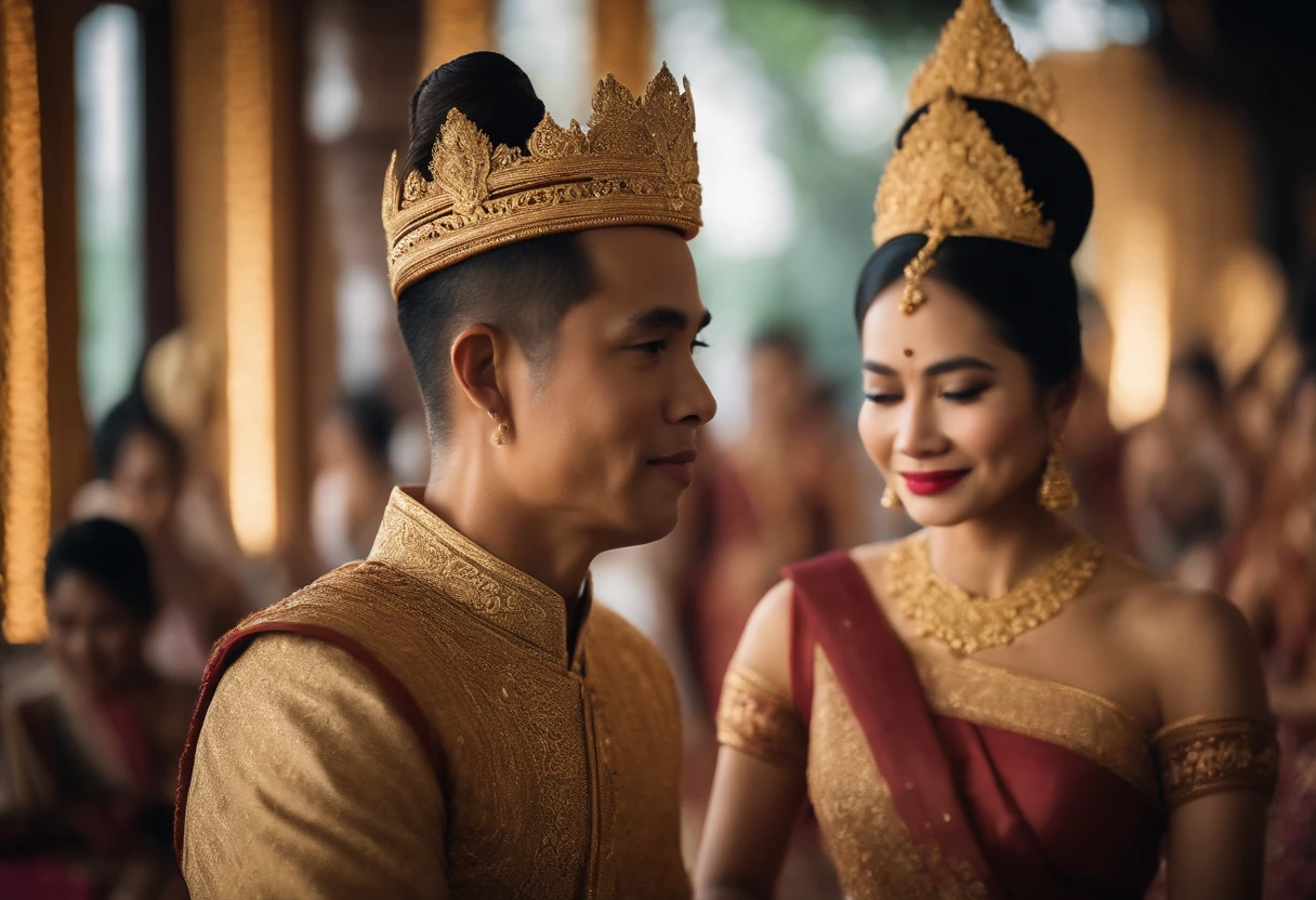 cinematic still, A shot of newly married Malaysian-Kadazan couple,highly detailed skin with hair , emotional, harmonious, vignette, 4k epic detailed, shot on kodak, 35mm photo, sharp focus, high budget, cinemascope, moody, epic, gorgeous, film grain, grainy,