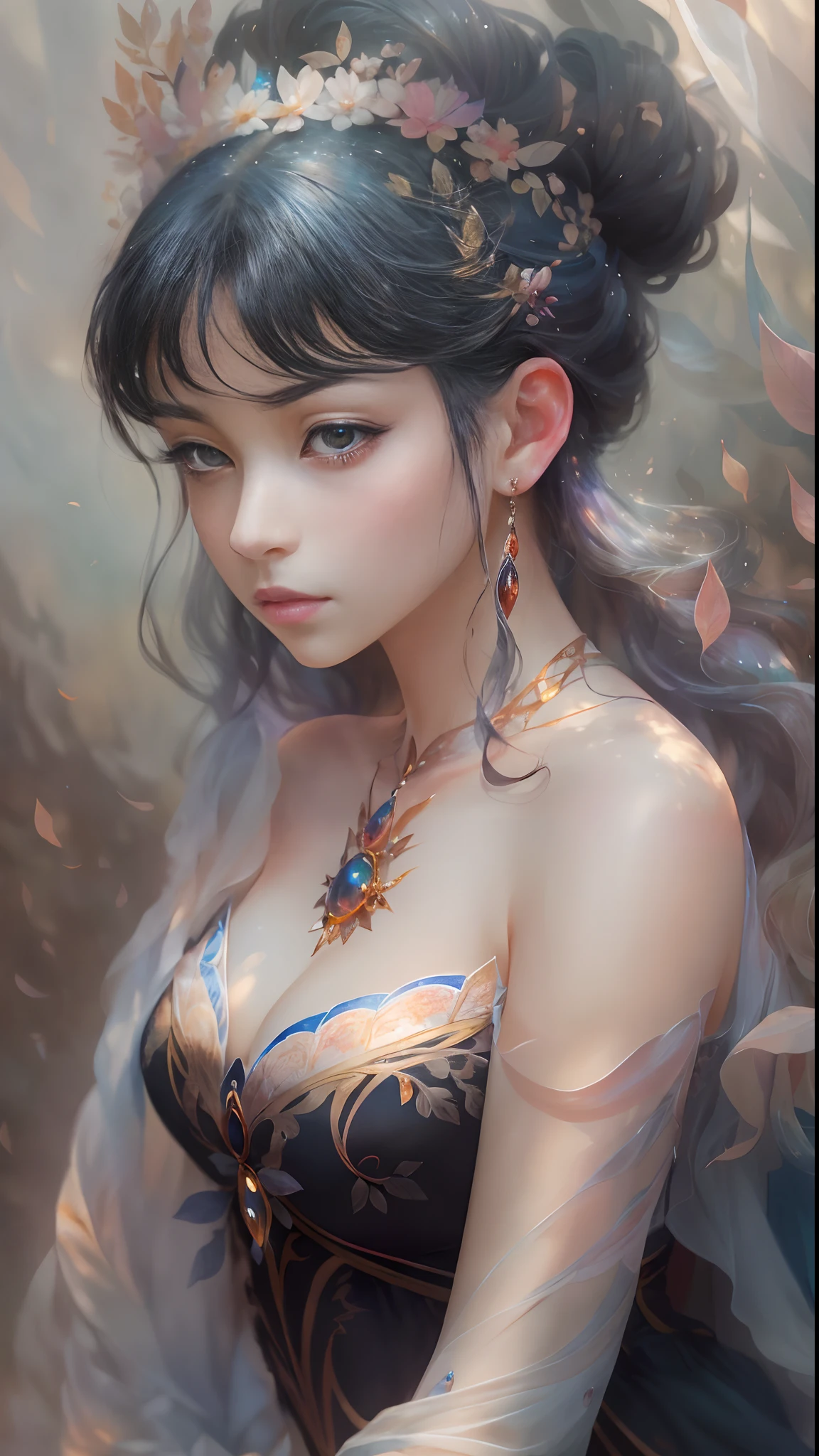 (Best quality,4K,8K,A high resolution,Masterpiece:1.2),Ultra-detailed,Realistic(face,The eye,nase,Lips),sportrait,Black hair,fine art,Clear and shiny eyes,beautiful detailed lips,Detailed expression,Ethereal beauty,captivating posture,subtly lit,Dreamy atmosphere,Dark background,expressive brush strokes,mystical ambiance,Artistic interpretation,Stunning Ghibli-style costumes,Whithead anime illustration,Subtle colors and tones,mystical aura,Old witch vibes