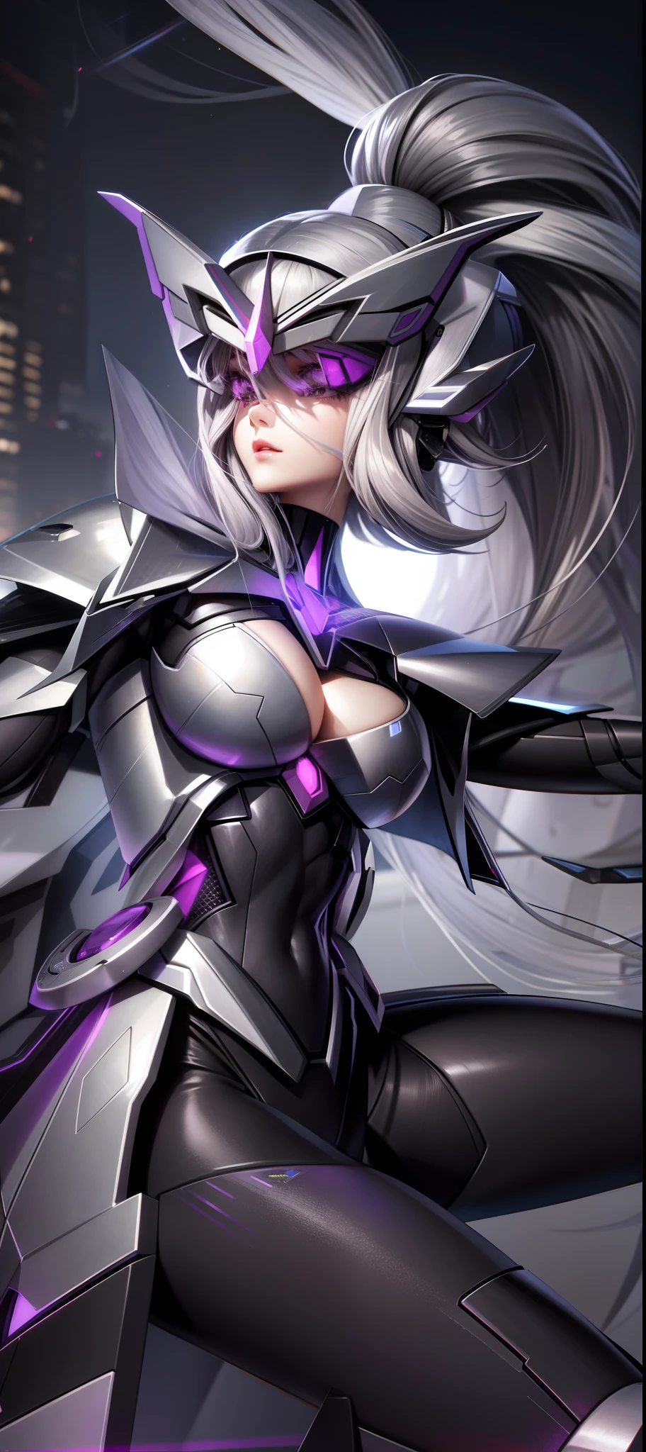 Realistic, girl one, gray hair, purple eyes, shining eyes, mecha suit, gundam, metallic, intricate details, detailed neon, parted lips,