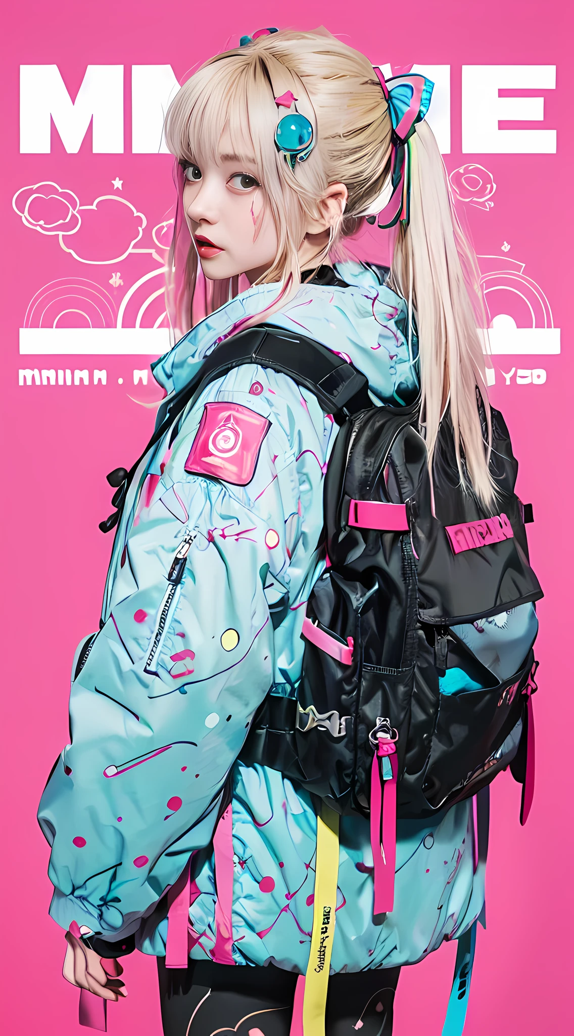 Anime (girl) from the future, (y2k style, poster in the style of minimalistic line - art), dots and lines, 1960s algorist aesthetic, worn dark distressed finish, strange things, metaverse, celestialpunk, yokai, Yuumei, supernatural, (masterpiece, high res, high quality, best quality)