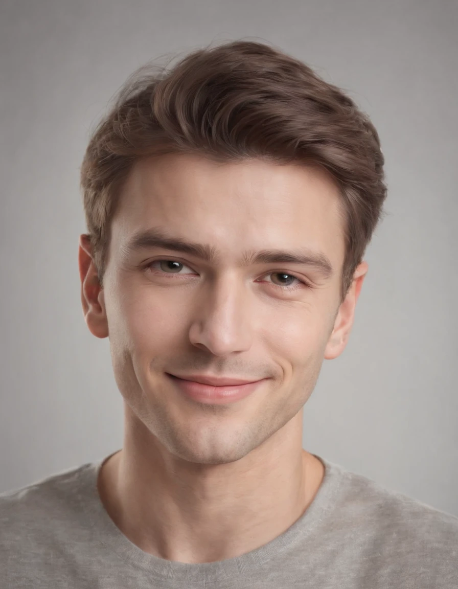 (photo: 1.3) af (photorealism: 1.3), caucasian man soft light, clear face, happy, cheerful, smiling, warm light, white t-shirt, ((off-white background)), ((off-white background)) . ((grey wall background)) avatar, (long or short hair), smile, handsome, young,, short hair, smile, (medium close-up)
