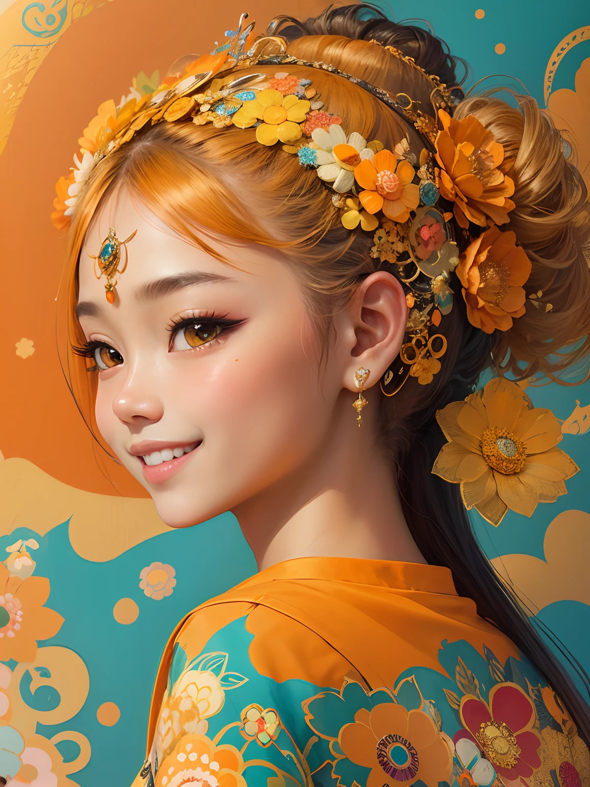 profile portrait of 21 years old Balinese kawaii girl with a cute smile, in canvas print, collage-based, gilded line work, fashion illustration, orange and amber pastel color palette, glitter, halo of small orange and teal flower over her head, in the style of Takashi Murakami 24k resolution, photorealism