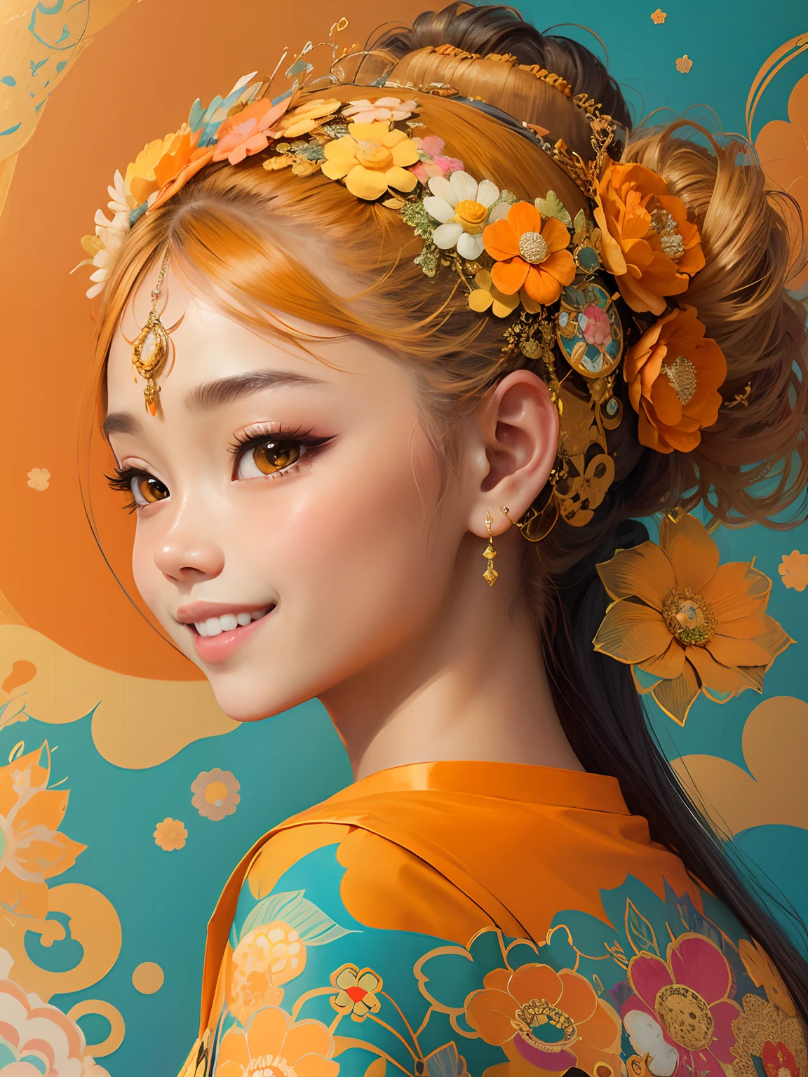 profile portrait of 21 years old Balinese kawaii girl with a cute smile, in canvas print, collage-based, gilded line work, fashion illustration, orange and amber pastel color palette, glitter, halo of small orange and teal flower over her head, in the style of Takashi Murakami 24k resolution, photorealism