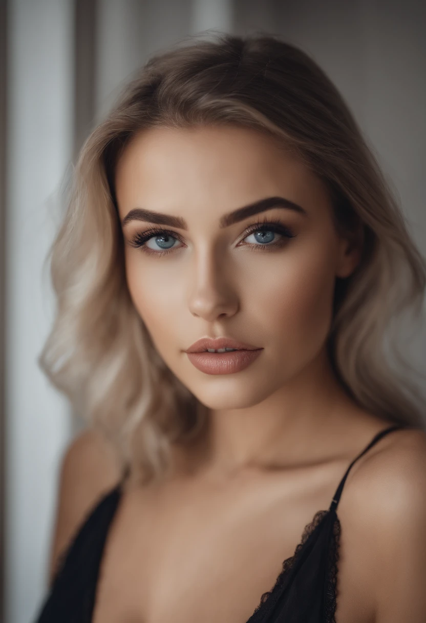 woman with matching tank top and panties, Sexy girl with blue eyes, portrait sophie mudd, portrait corinna kopf, blonde hair and large eyes, Selfie einer jungen Frau, Augen im Schlafzimmer, Violet Myers, ohne Make-up, Natural makeup, Blick direkt in die Kamera, Gesicht mit Artgram, dezentes Make-up, Stunning full body shot, im Schlafzimmer, Spaltung