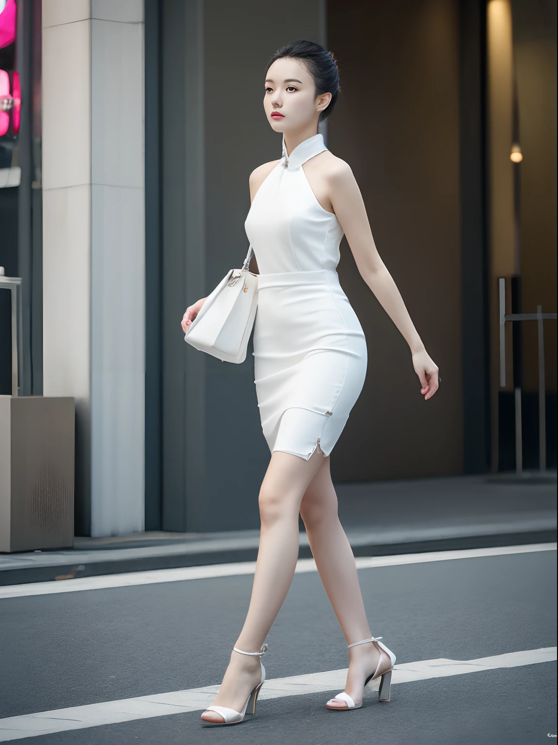 Woman in white dress walking on the sidewalk, Chinese woman, On the street, On the street, in city street, Long thin legs, goddes, very beautiful slim legs, She wears a white vest, in a city street, sleek legs,high-heels